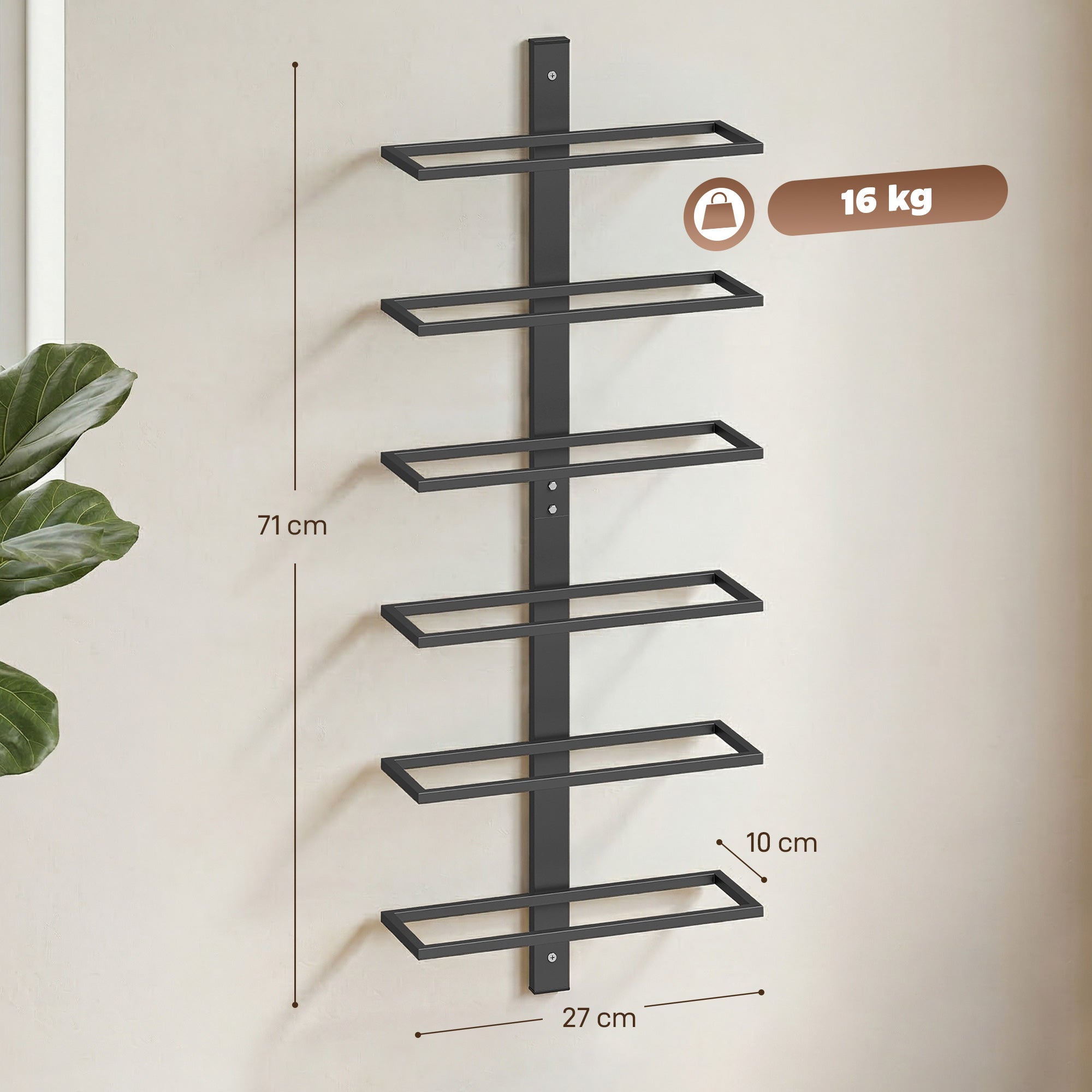 Wall Mounted Wine Rack, 6 Tier Metal Wine Display Rack, Storage Holder for Kitchen, Black