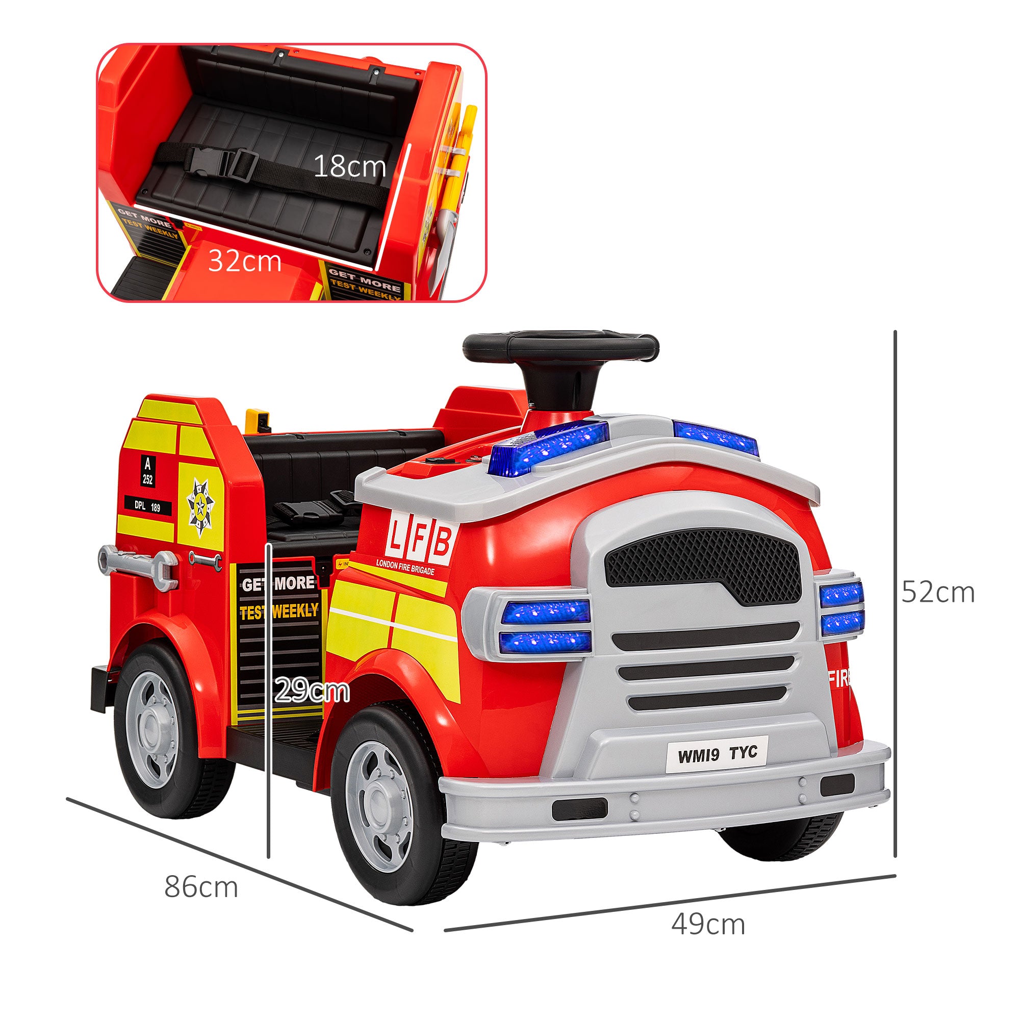 Ride on Fire Truck, 12V Kids Electric Car with Siren and Flashing Lights, Firefighting Tools, Music Horn, Slow Start