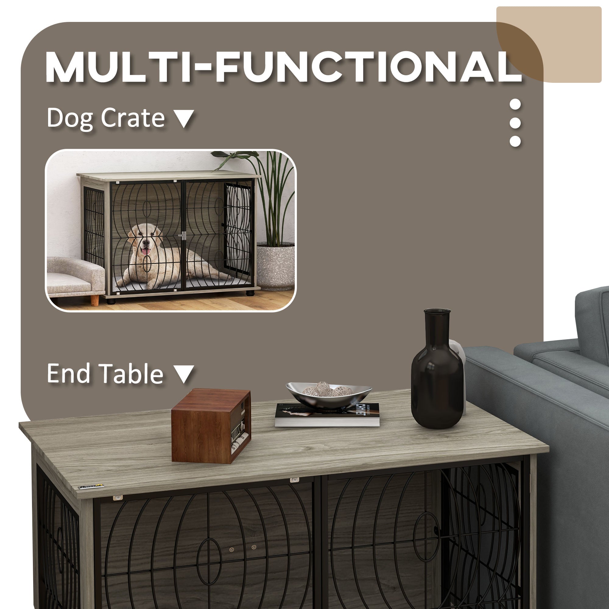 Dog Crate Furniture End Table w/ Plush Washable Cushion, Lockable Door, for Large Dogs