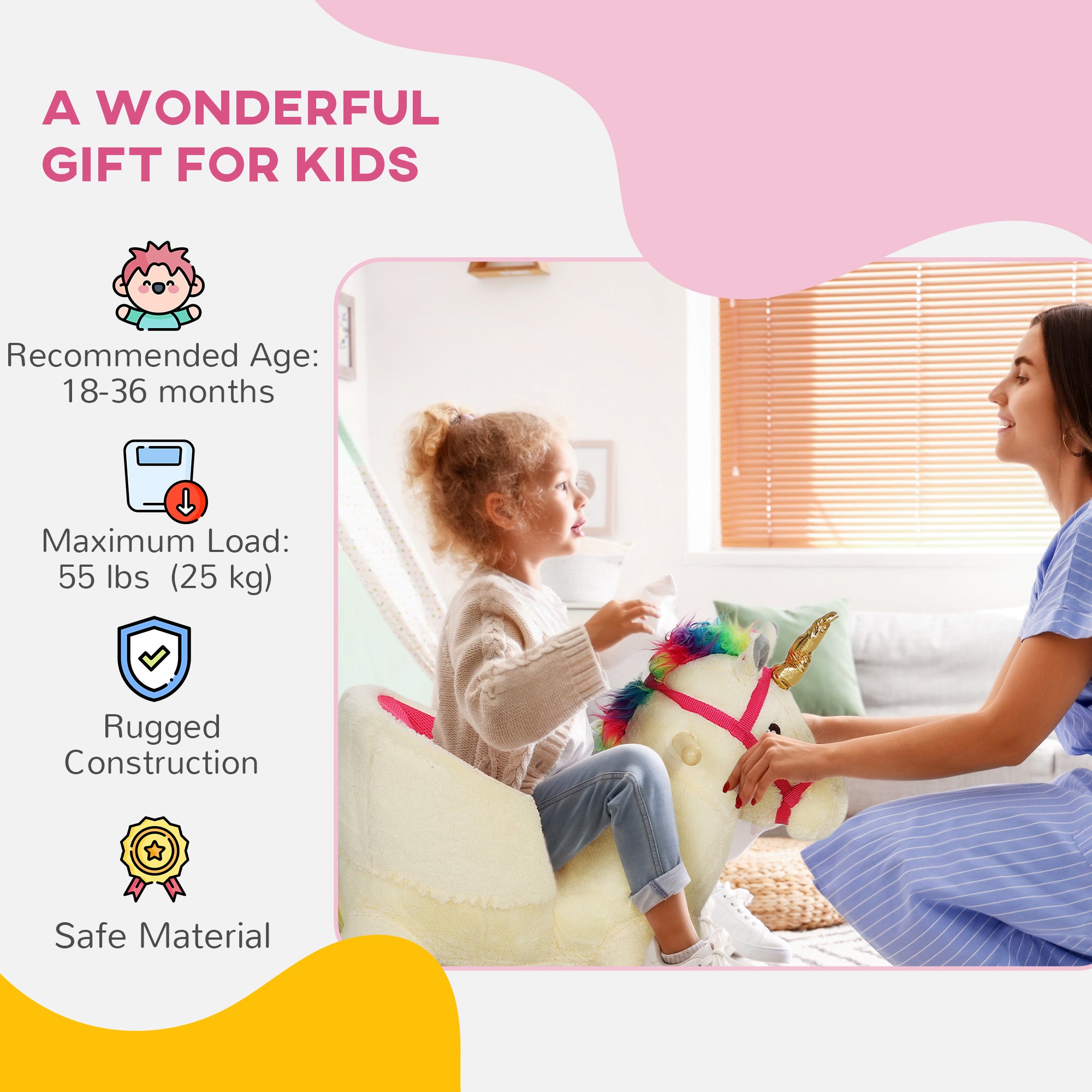 Kids Rocking Horse with Realistic Sound, Safety Belt, Wooden Base, for Toddlers 18-36 Months