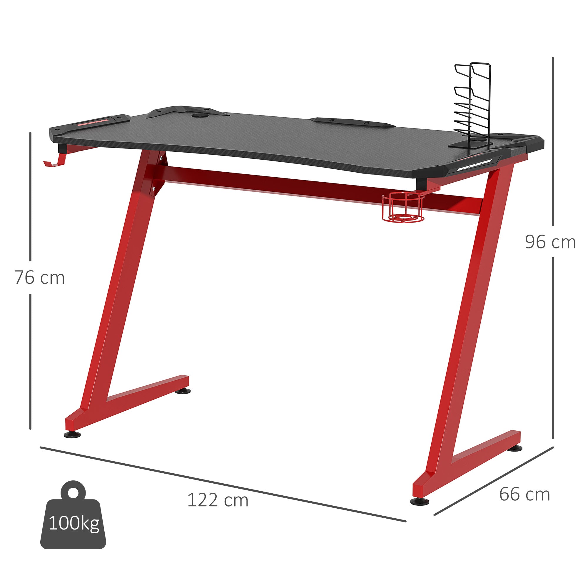 122 x 66 cm Gaming Desk, Carbon Fibre Covered Computer Desk, Gamer Workstation with Headphone Hook, Cup Holder and Gamepad Storage Rack, Black and Red