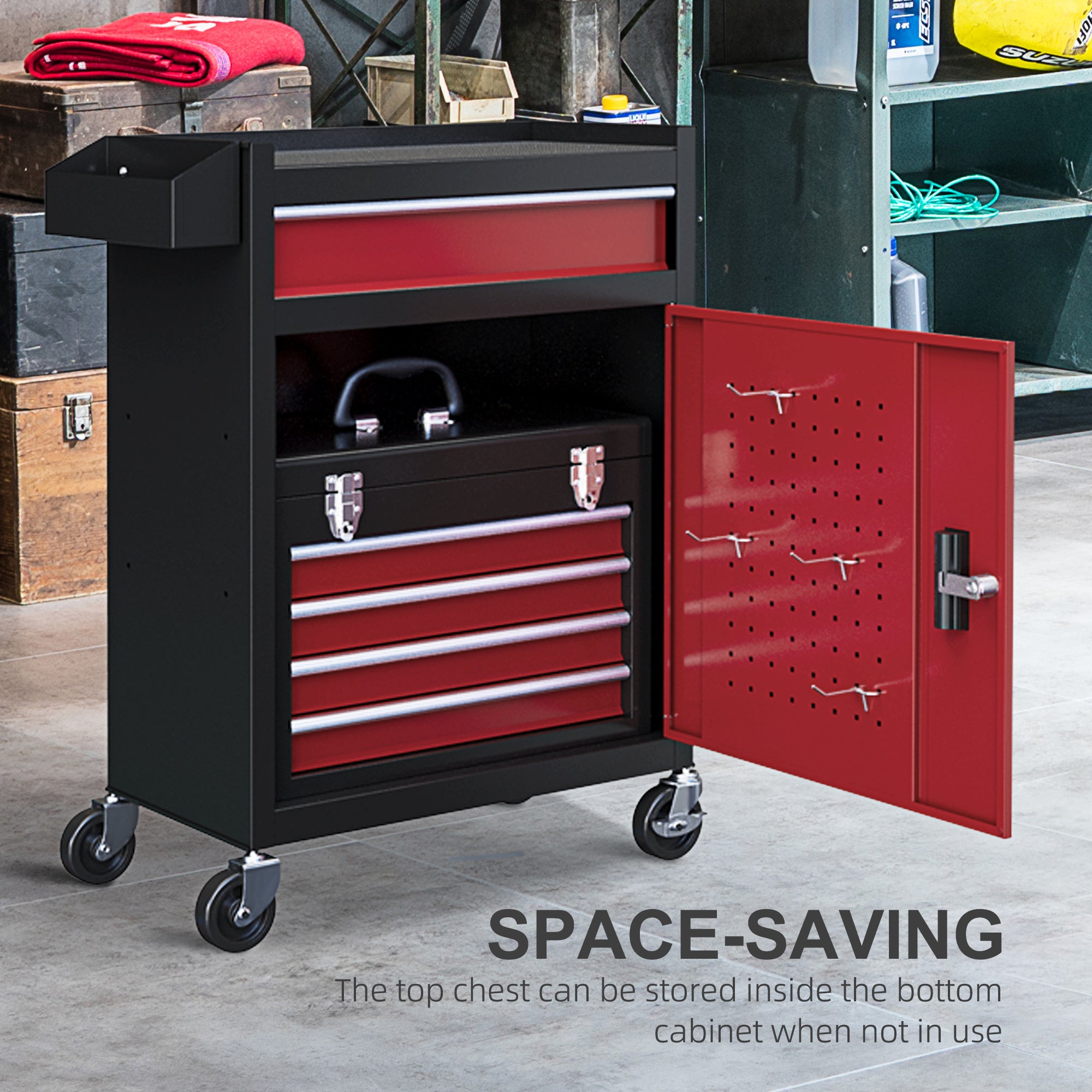 Two-Part Tool Storage Chest on Wheels - Black/Red