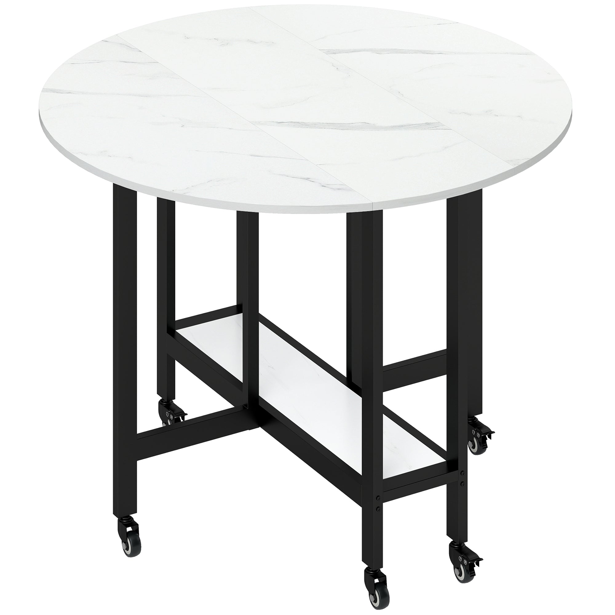 Folding Dining Table, Drop Leaf Table with Open Shelf, Rolling Kitchen Table for Dining Room, Small Spaces, White Marble