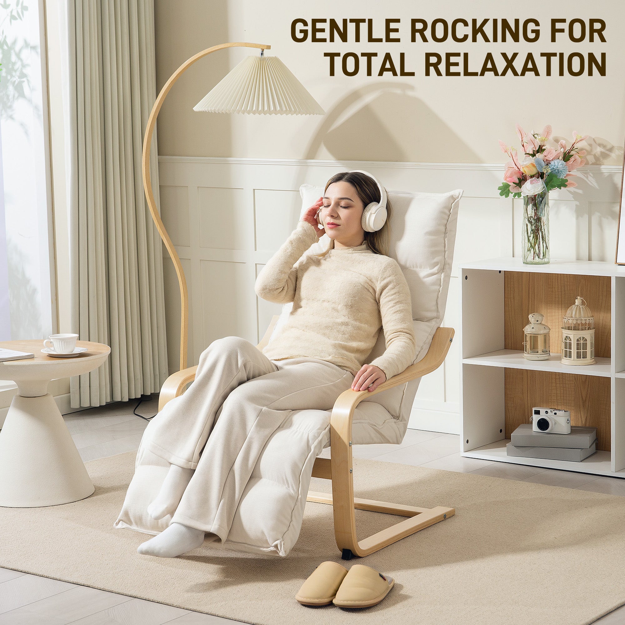 Curved Wooden Accent Lounge Chair with Adjustable Footrest - Cream White