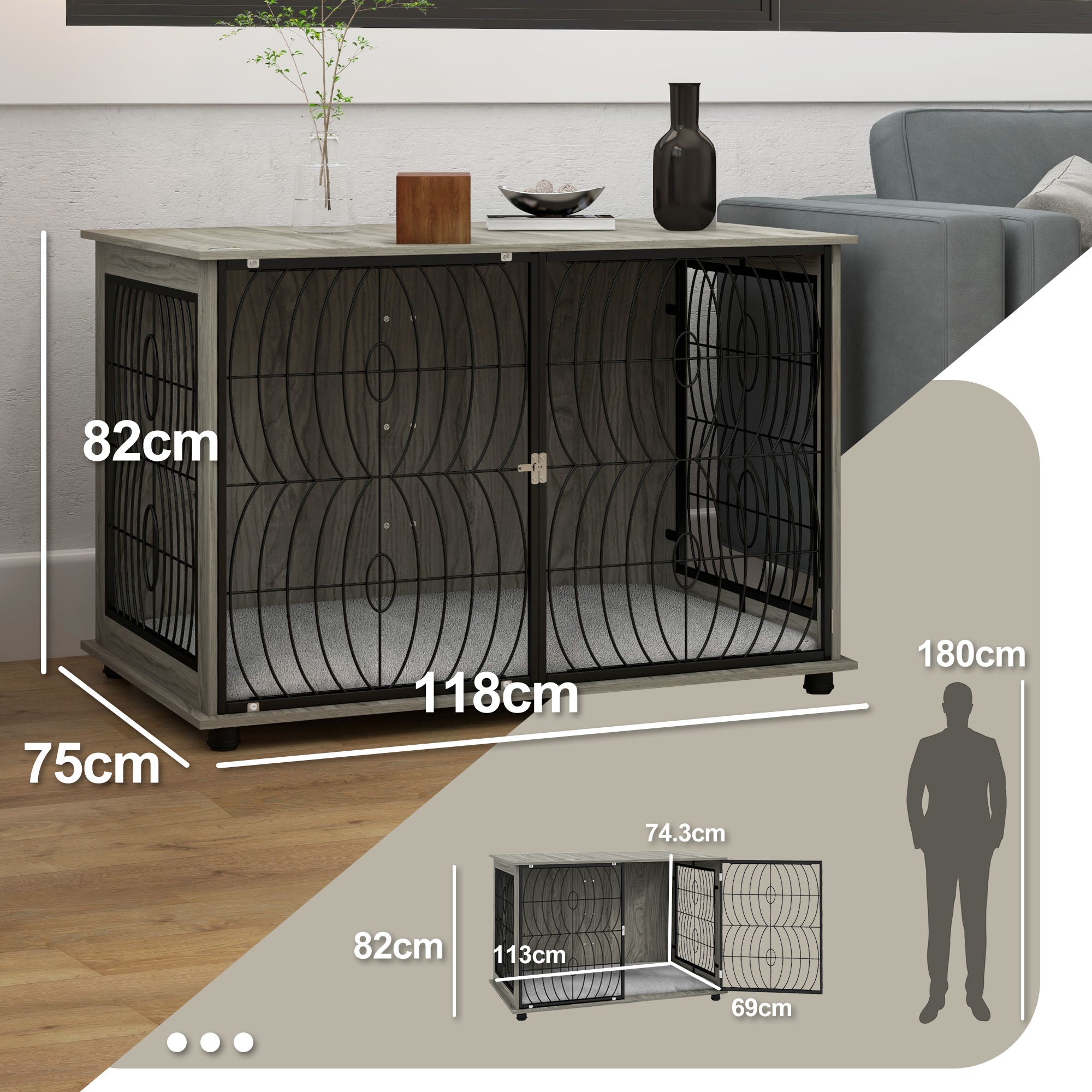 Dog Crate Furniture End Table w/ Plush Washable Cushion, Lockable Door, for Extra Large Dogs