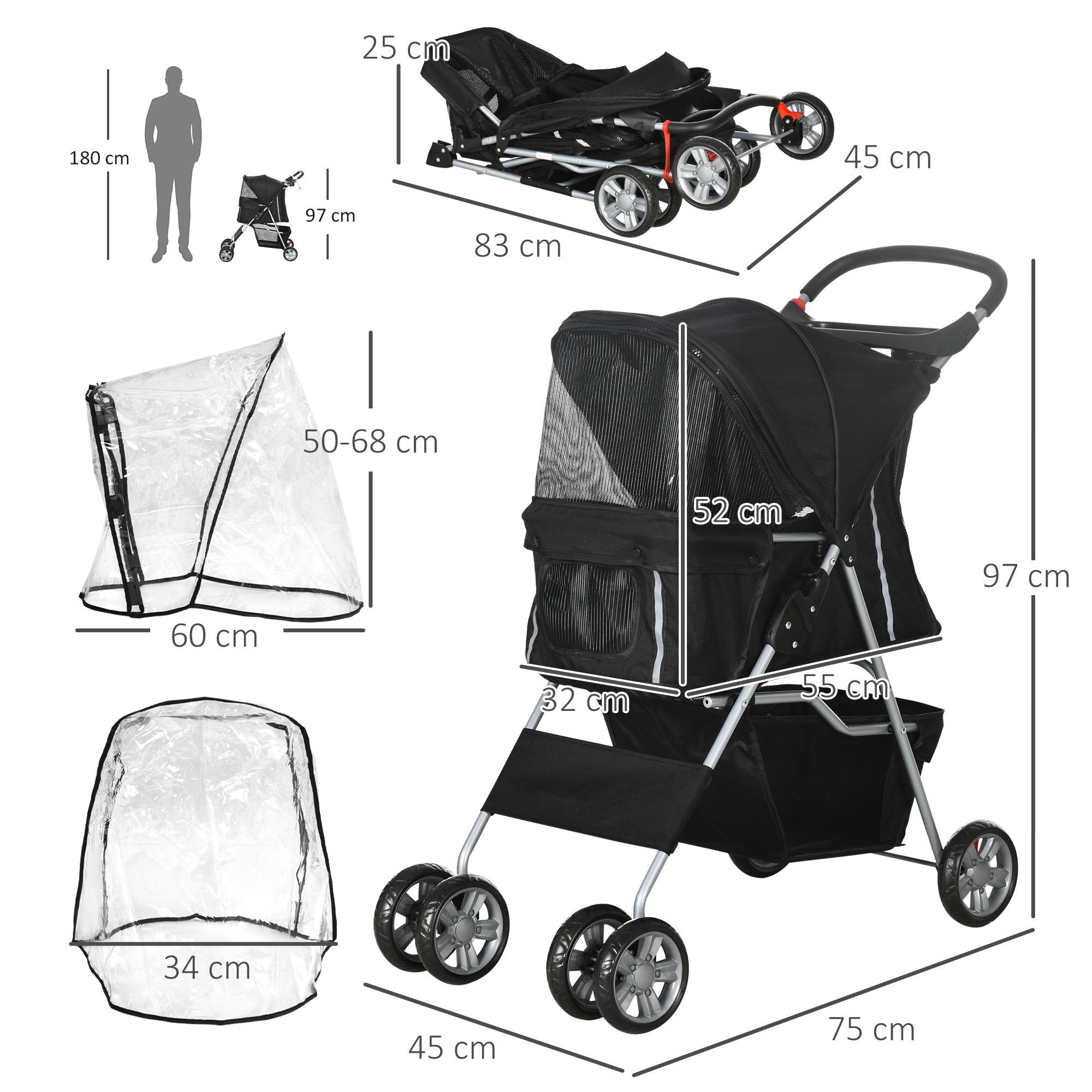 Pet Travel Stroller with Rain Cover, 4 Wheels Foldable Travel Carriage with Wheels Zipper Entry Cup Holder Storage Basket Black