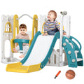 6-in-1 Kids Swing and Slide Playground Set with Basketball Hoop, Telescope, Storage - Yellow