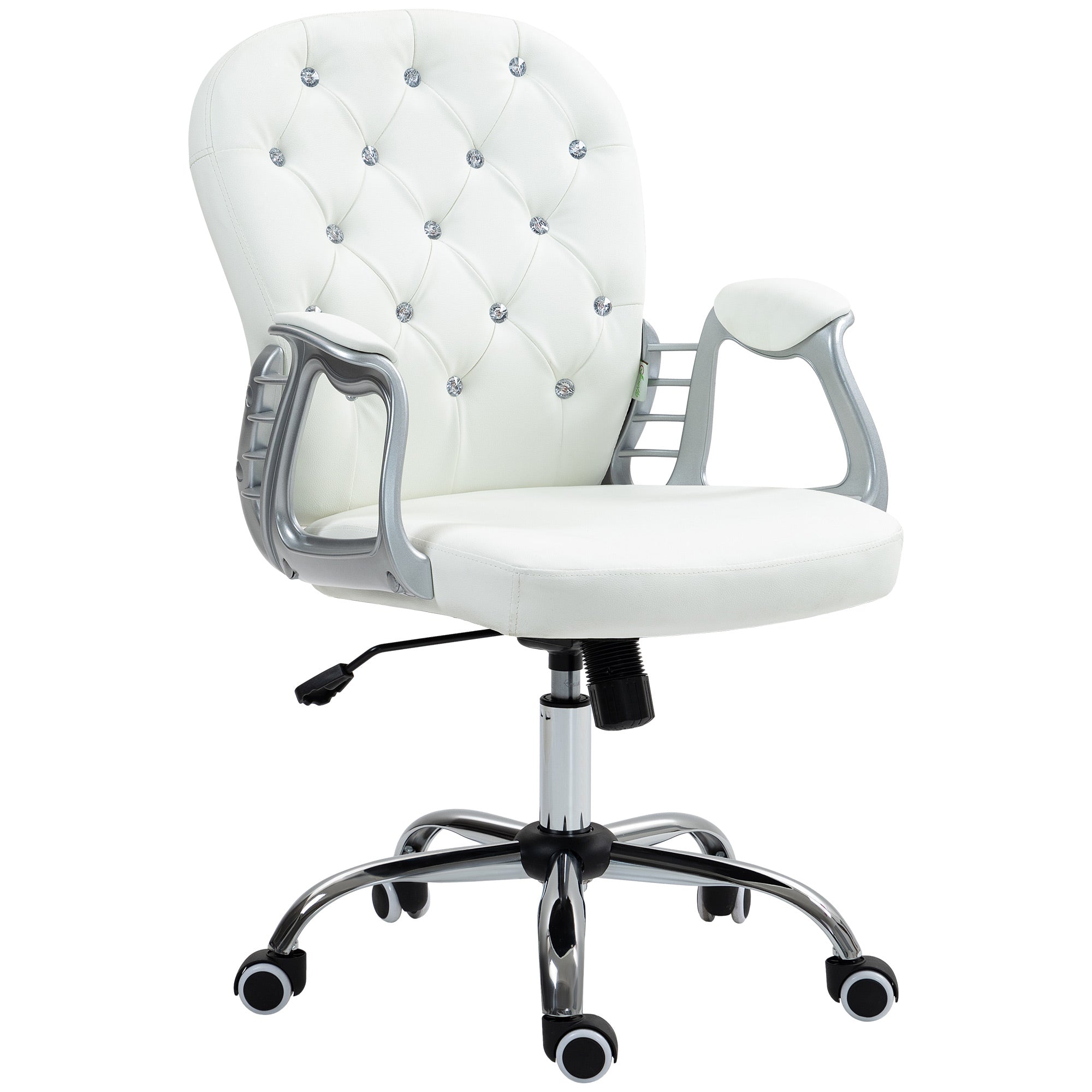 Office Chair Ergonomic 360° Swivel PU Diamante Padded Base 5 Castor Wheels for Home Work White