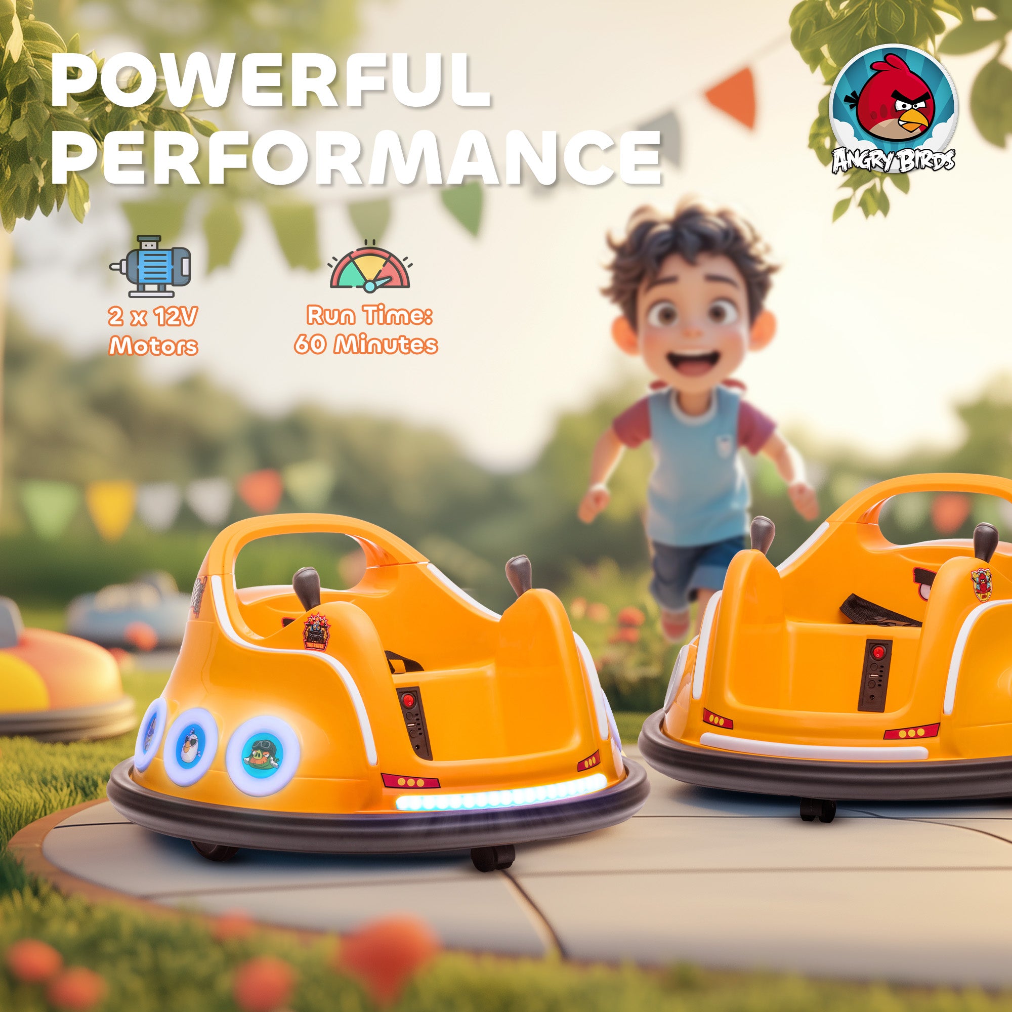 Angry Bird Licensed Waltzer Car, 12V Kids Bumper Car w/ Joysticks, Remote, Music LED Lights - Orange