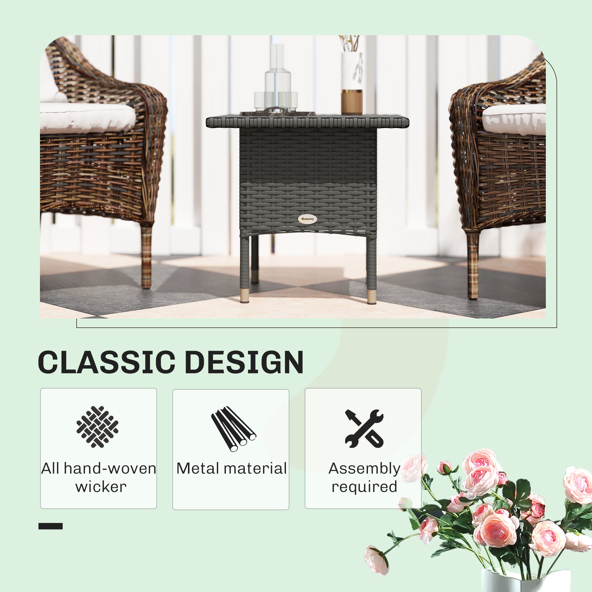 Rattan Outdoor Side Table with Durable Plastic Board Top Grey