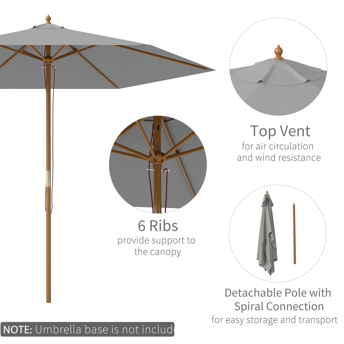 2.5m Wooden Garden Parasol Sun Shade Umbrella - Light Grey
