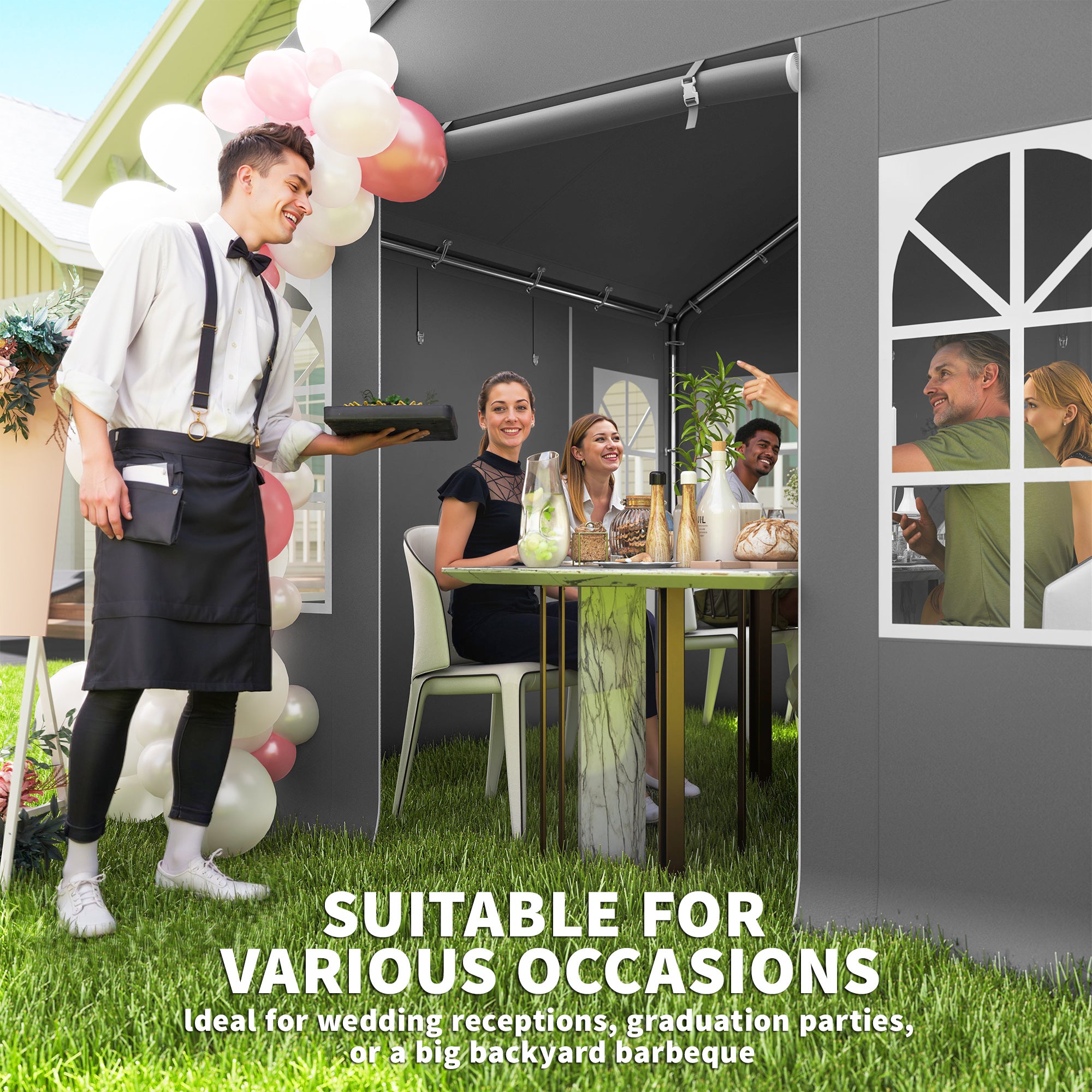 3 x 3 m Party Tent, Outdoor Canopy Tent Shelter with Removable Sidewalls, 4 Zipped Doors, for Parties, Wedding, Grey