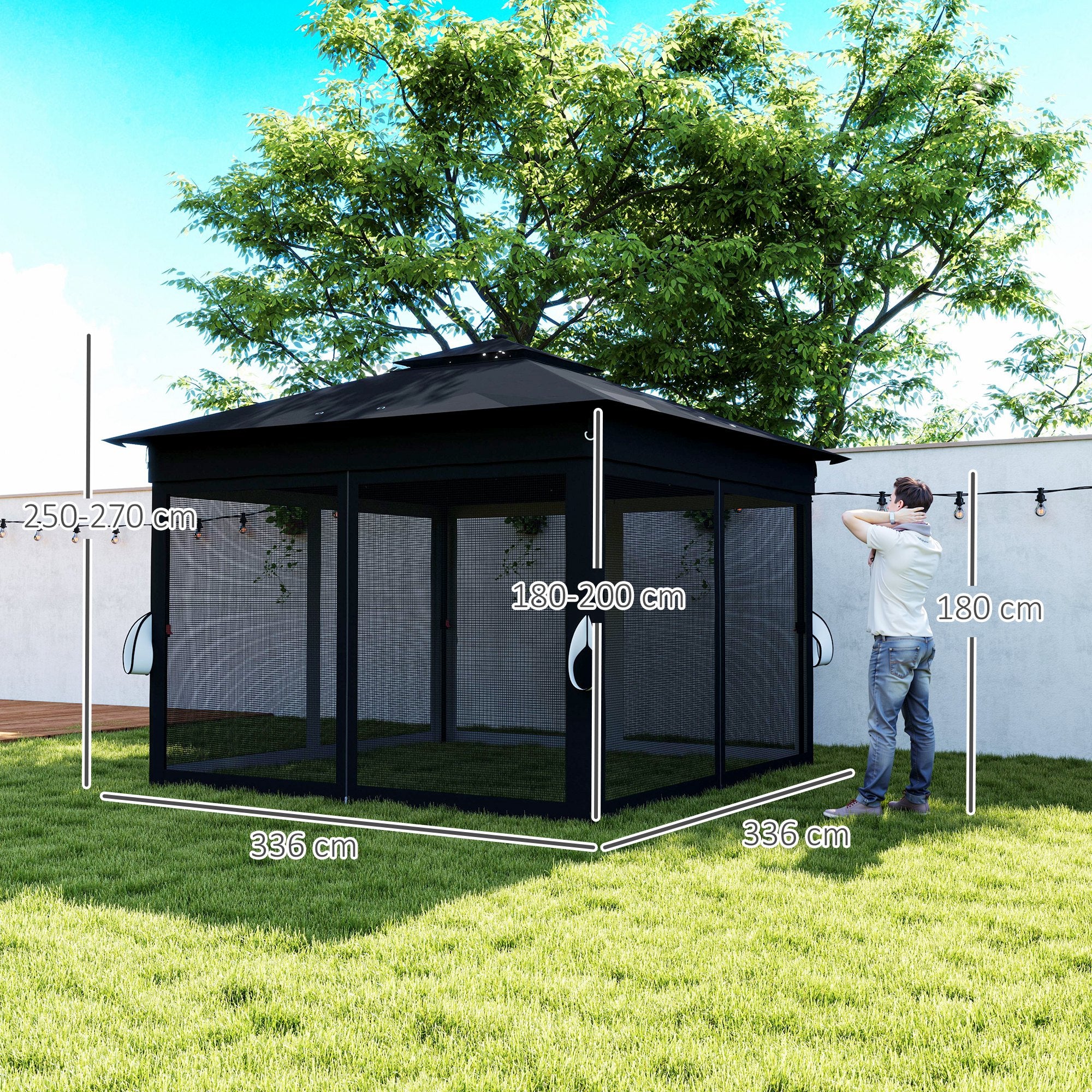 3 x 3 Metre Pop Up Gazebo with Solar LED Lights and Netting - Black