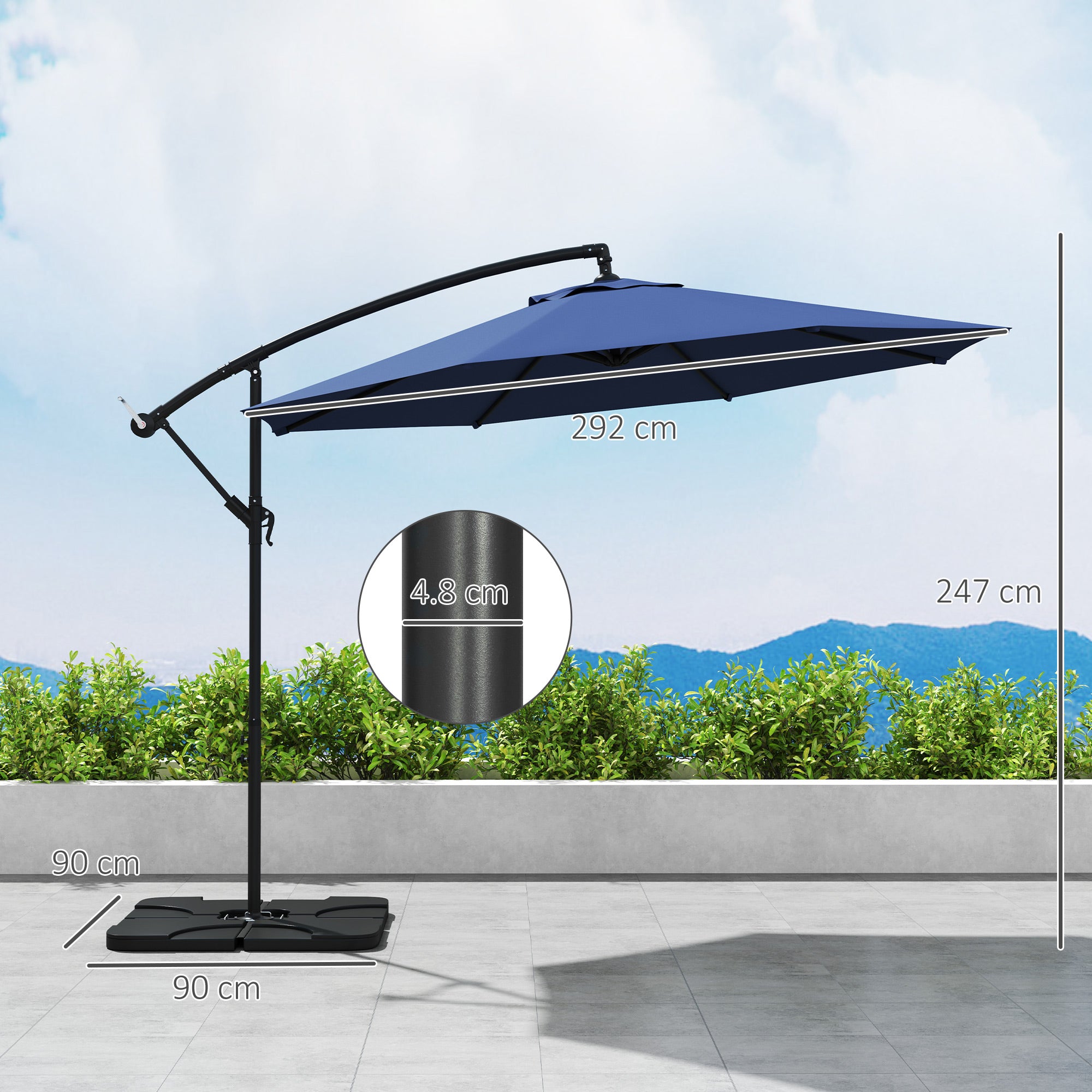 3m Overhanging Parasol, with Base, Weights and Cover - Blue