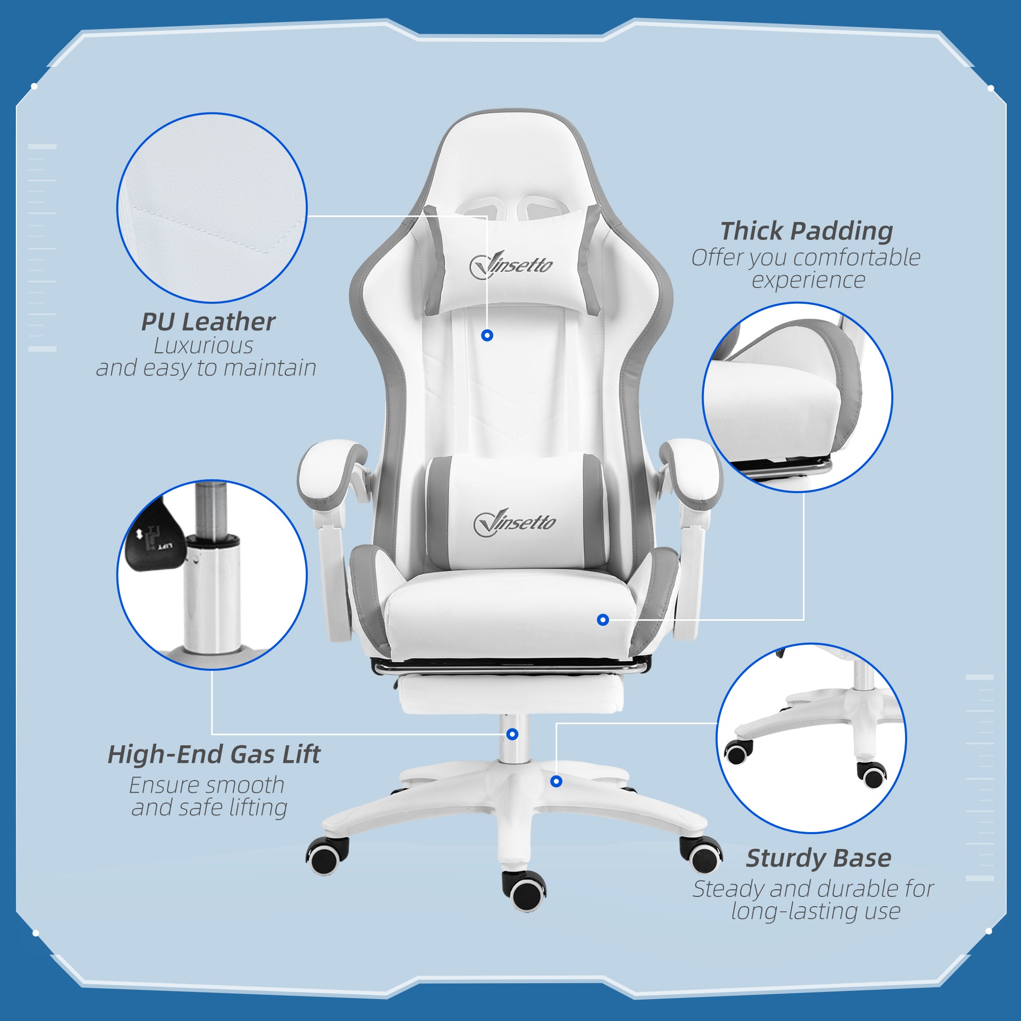 Computer Gaming Chair, PU Leather Desk Chair with Footrest, Swivel Task Chair with 135° Reclining Back and Lumbar Support, PC Chair for Adults, White and Grey