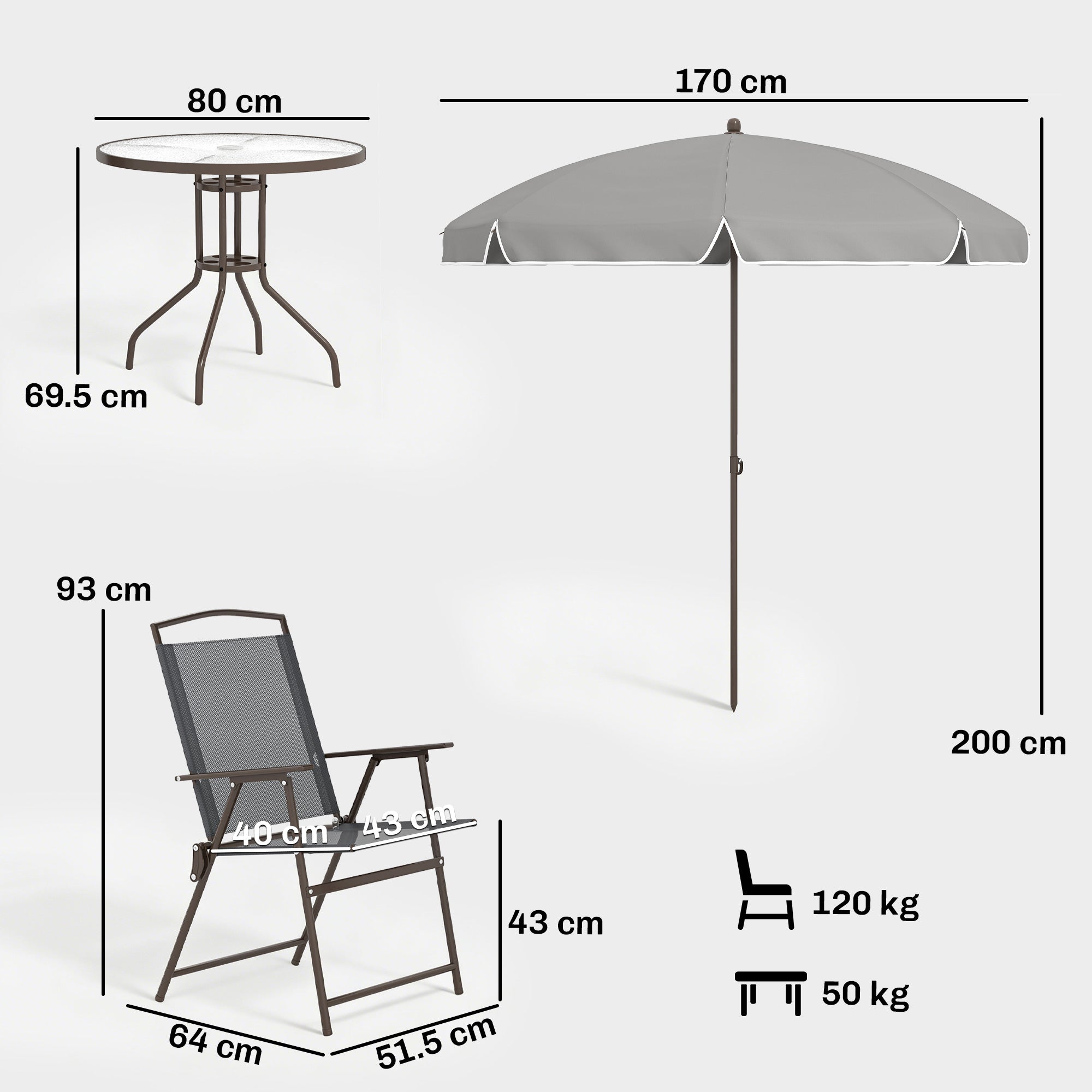 6 Piece Garden Dining Set with Umbrella, Patio Sets with Parasol, 4 Folding Dining Chairs, Dark Grey