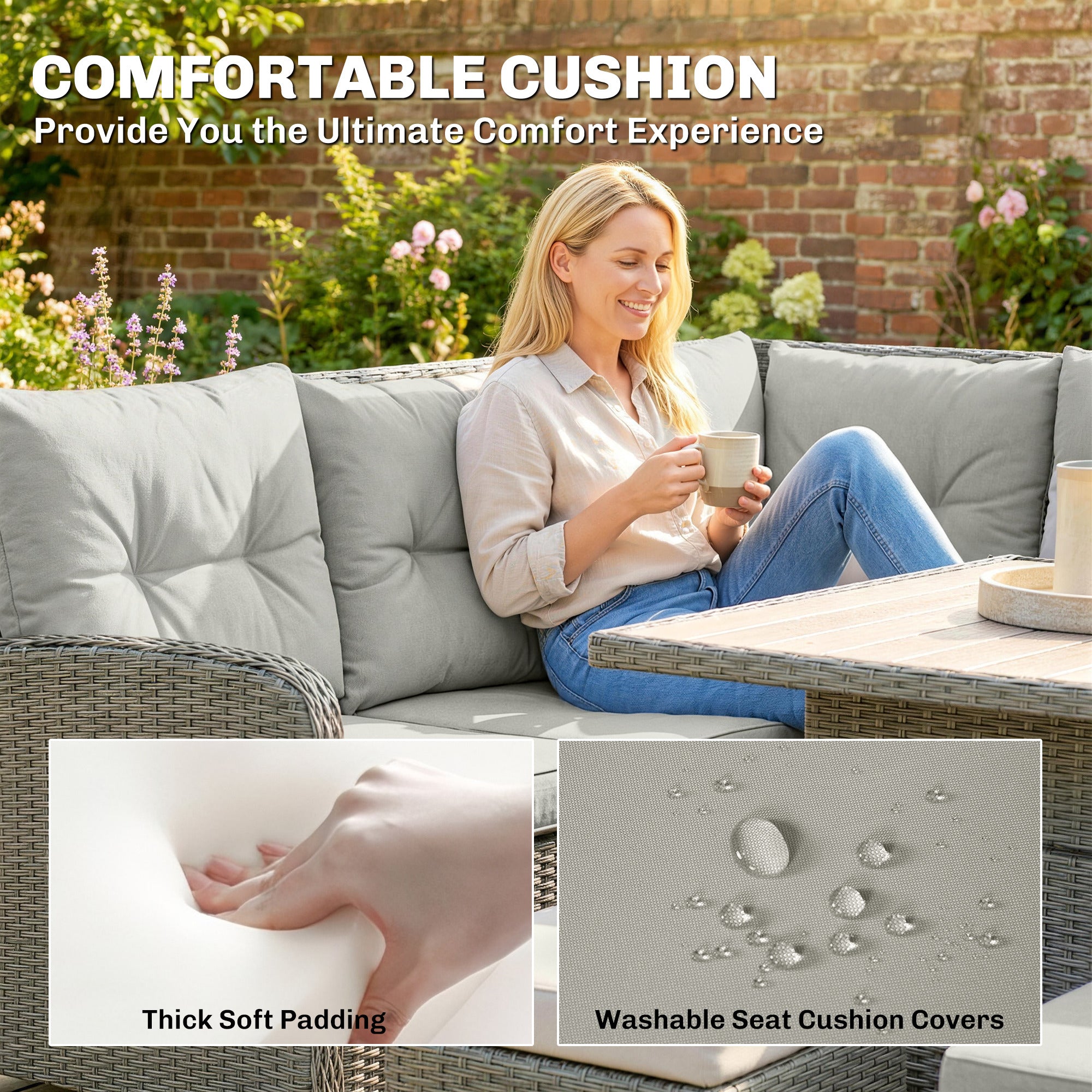 6 Pieces Outdoor PE Rattan Garden Furniture, Patio Wicker Sectional Conversation Corner Sofa