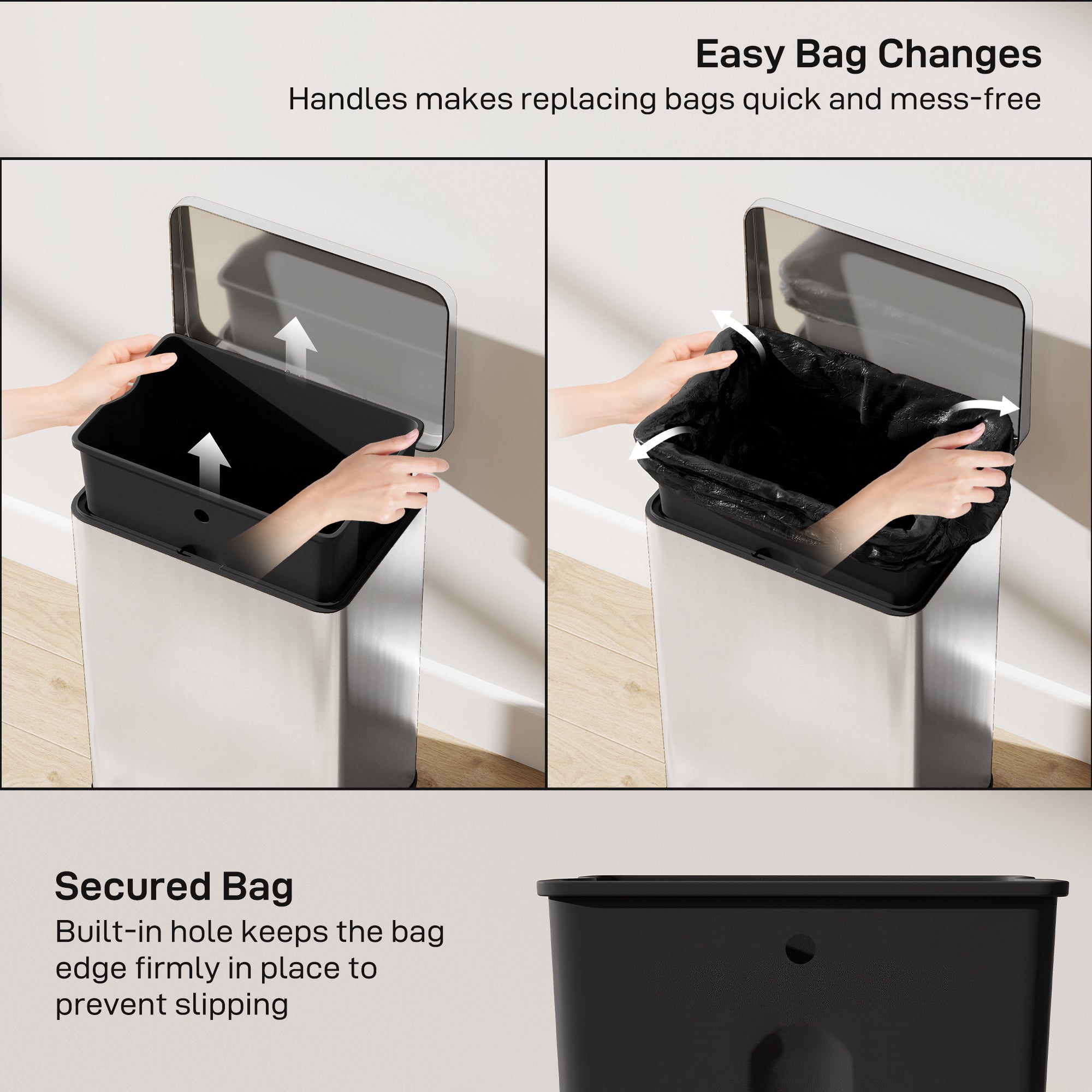 20L Kitchen Bin with Soft-Close Lid and Stay-Open Function, Stainless Steel Pedal Bin with Removable Inner Bucket for Kitchen, Office, Home, Silver Tone