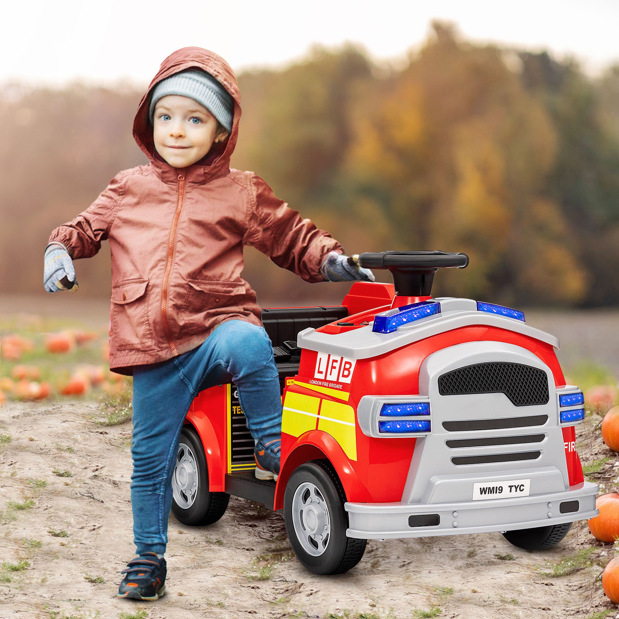 Ride on Fire Truck, 12V Kids Electric Car with Siren and Flashing Lights, Firefighting Tools, Music Horn, Slow Start