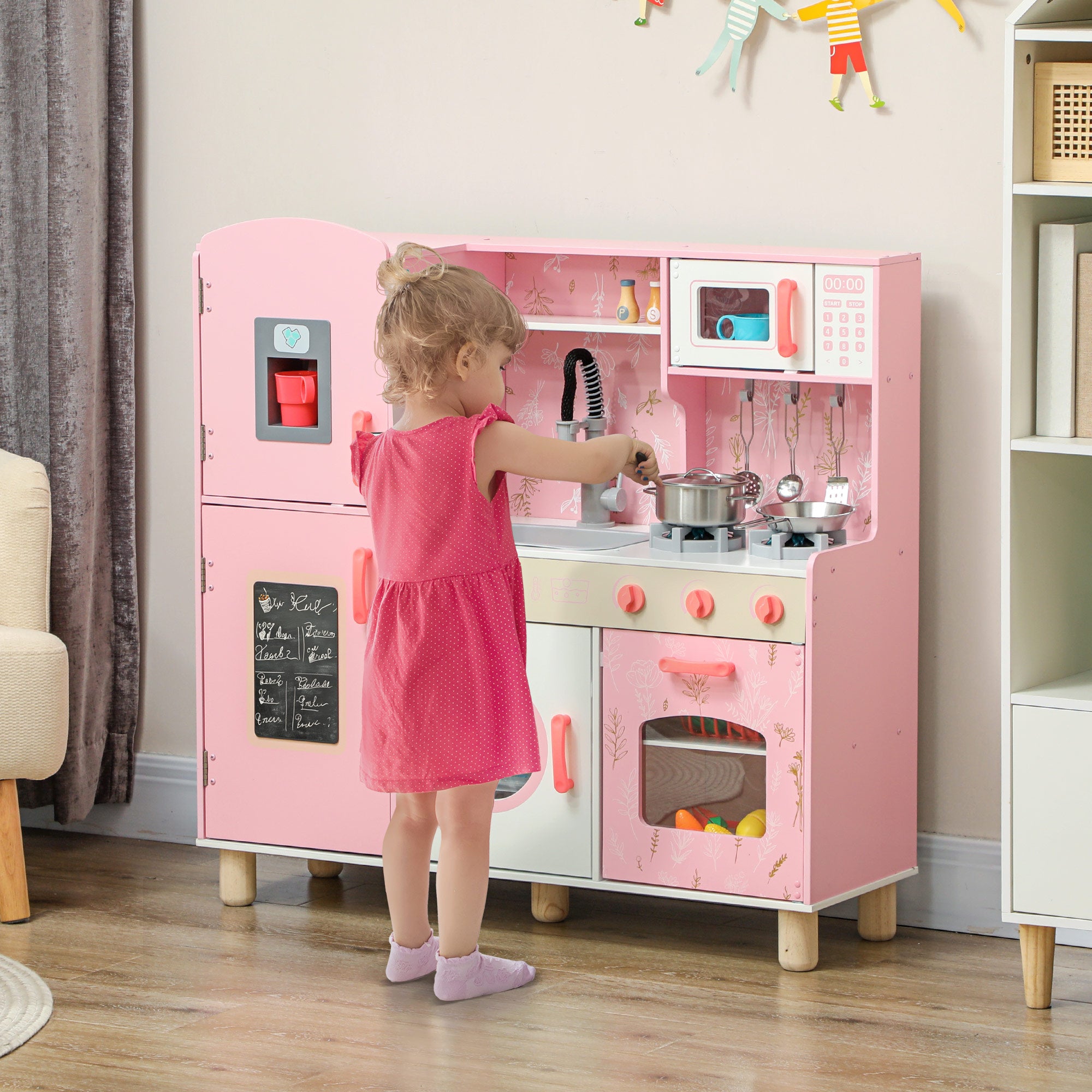 Play Kitchen, Kids Kitchen Set with Lights and Sounds, Double Stoves, Ice Maker, Chalkboard for 3+ Years - Pink