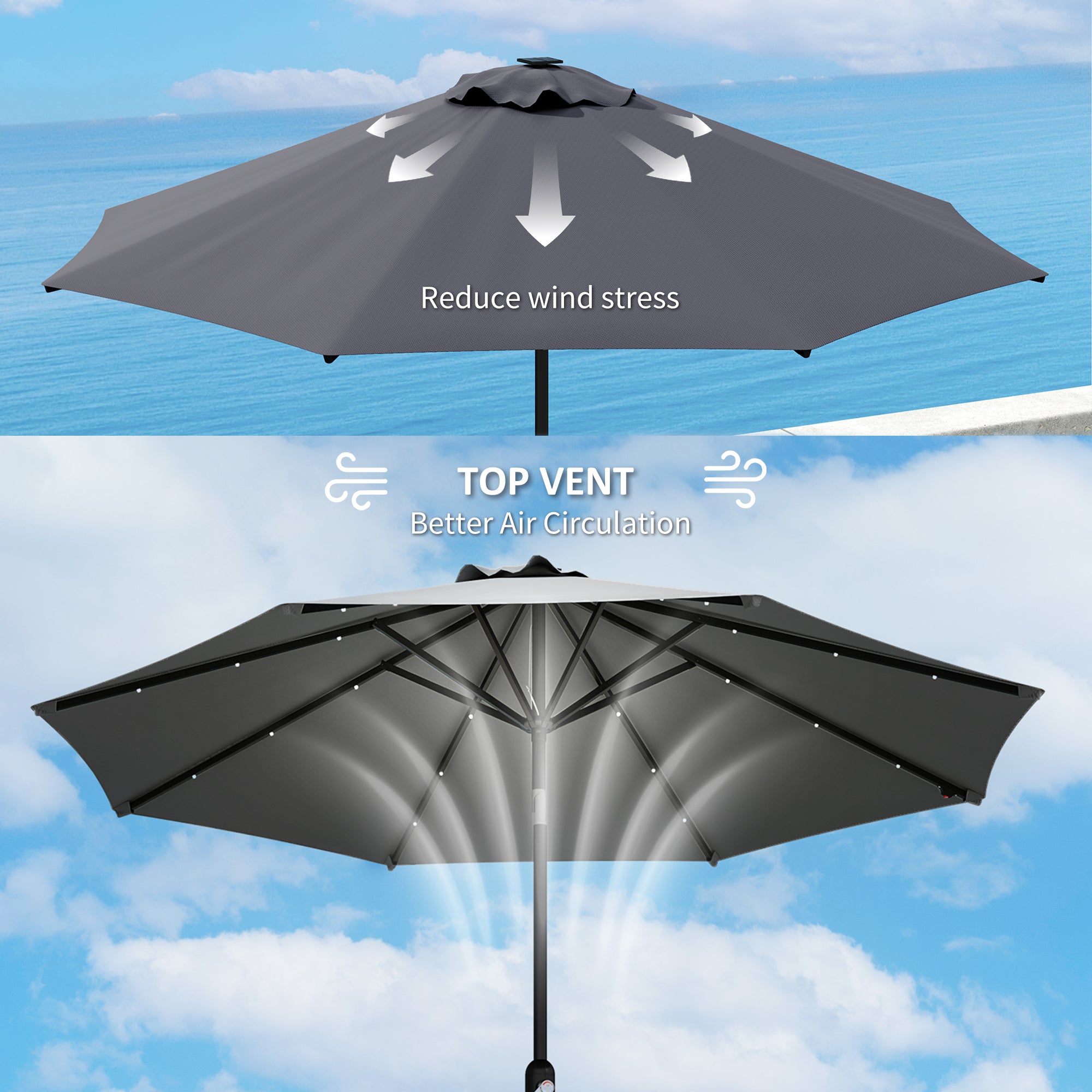 3m UPF 50+ Replacement Parasol Canopy with Vent, Fits 8 Rib Frames up to 300cm - Grey