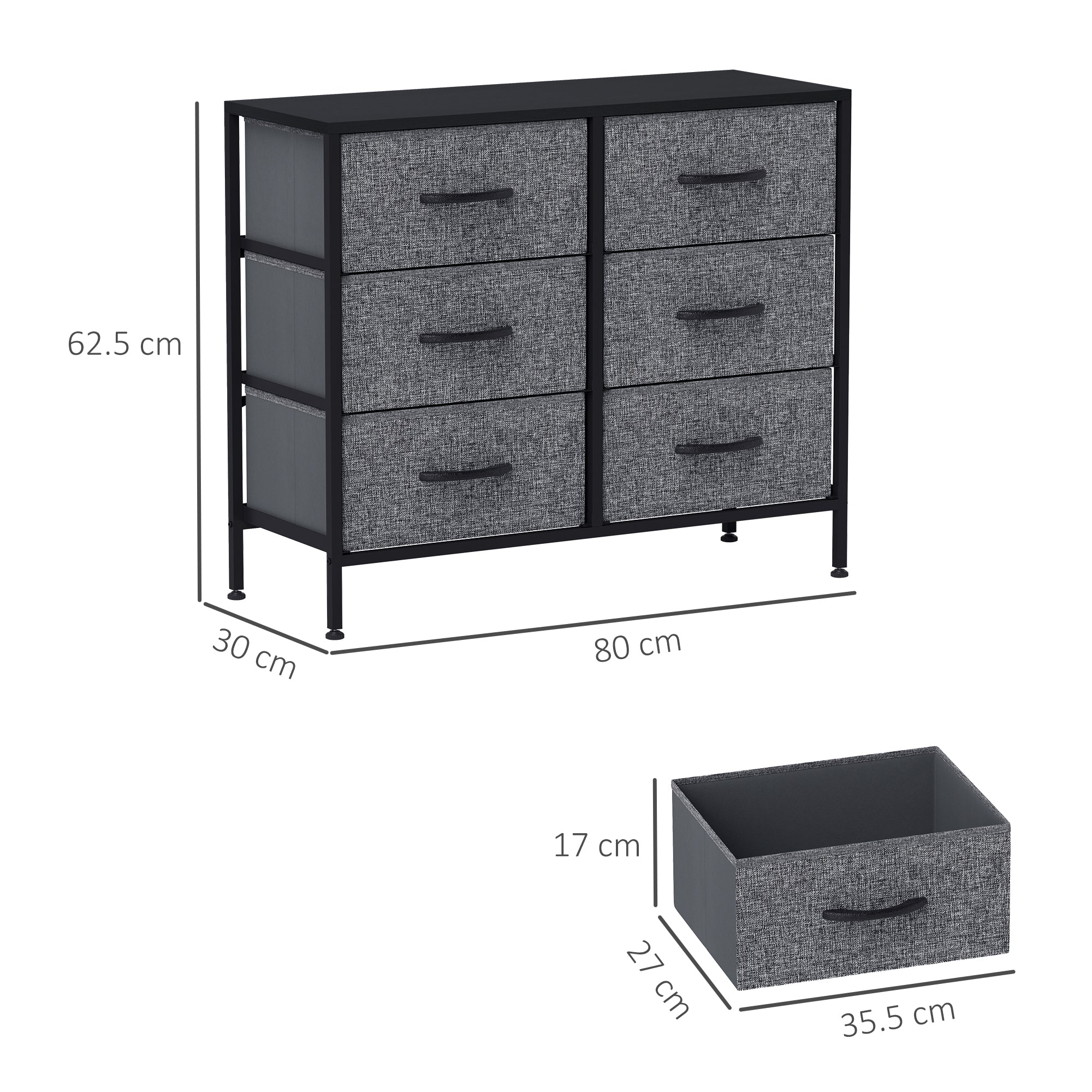 Industrial Fabric Chest of Drawers with 6 Storage Drawers, Steel Frame & Wooden Top - Black