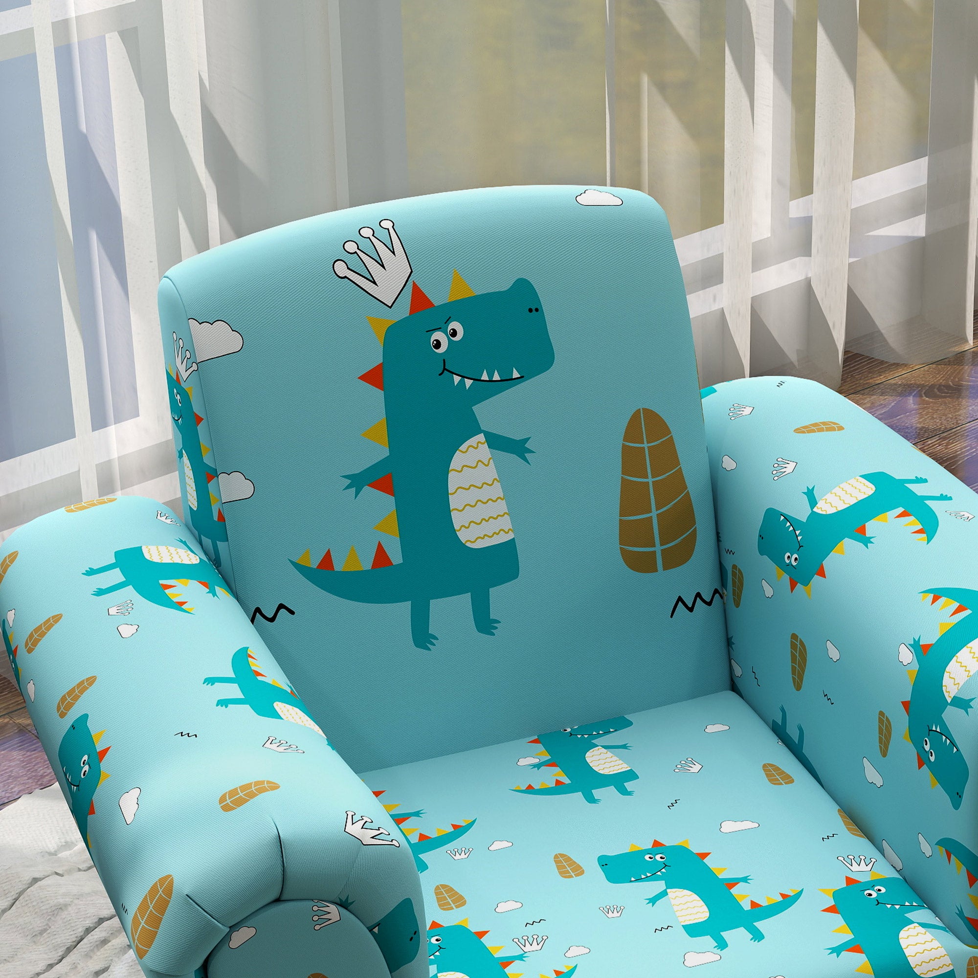 2 Piece Kids Sofa Set with Dinosaur Design, Wooden Frame, for 1.5-3 Years Old, Blue