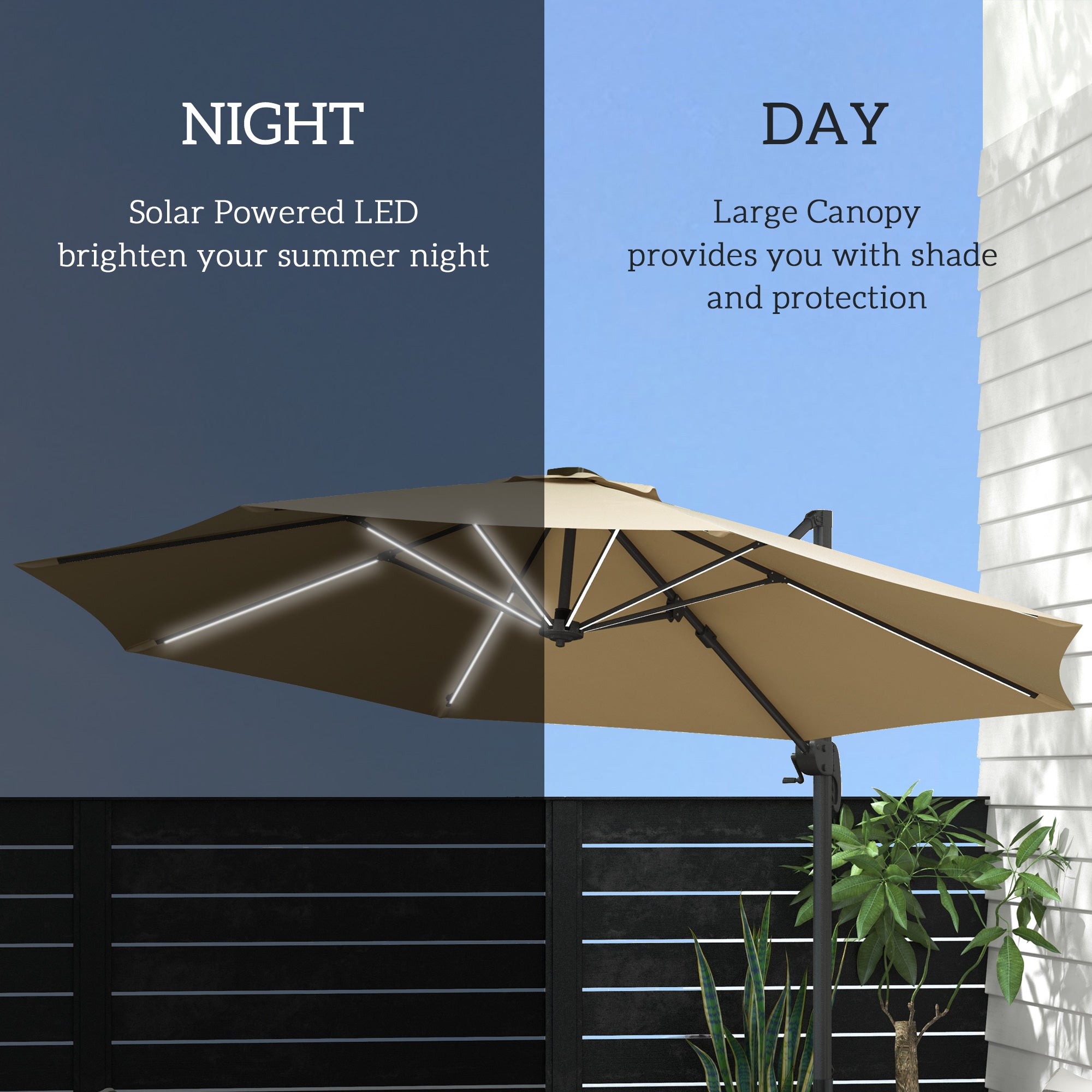 3(m) Adjustable Cantilever Parasol with Base, Solar LED Lights, Khaki