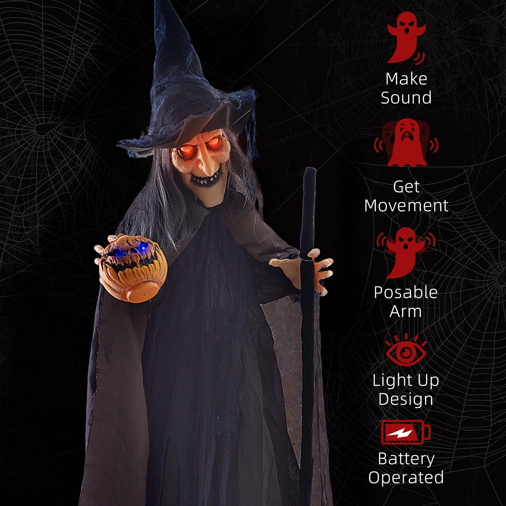 6'2" Witch with Broomstick Halloween Animatronic, with Glowing Eyes