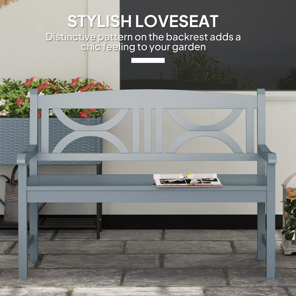 2 Seater Wooden Garden Bench with Armrests - Grey