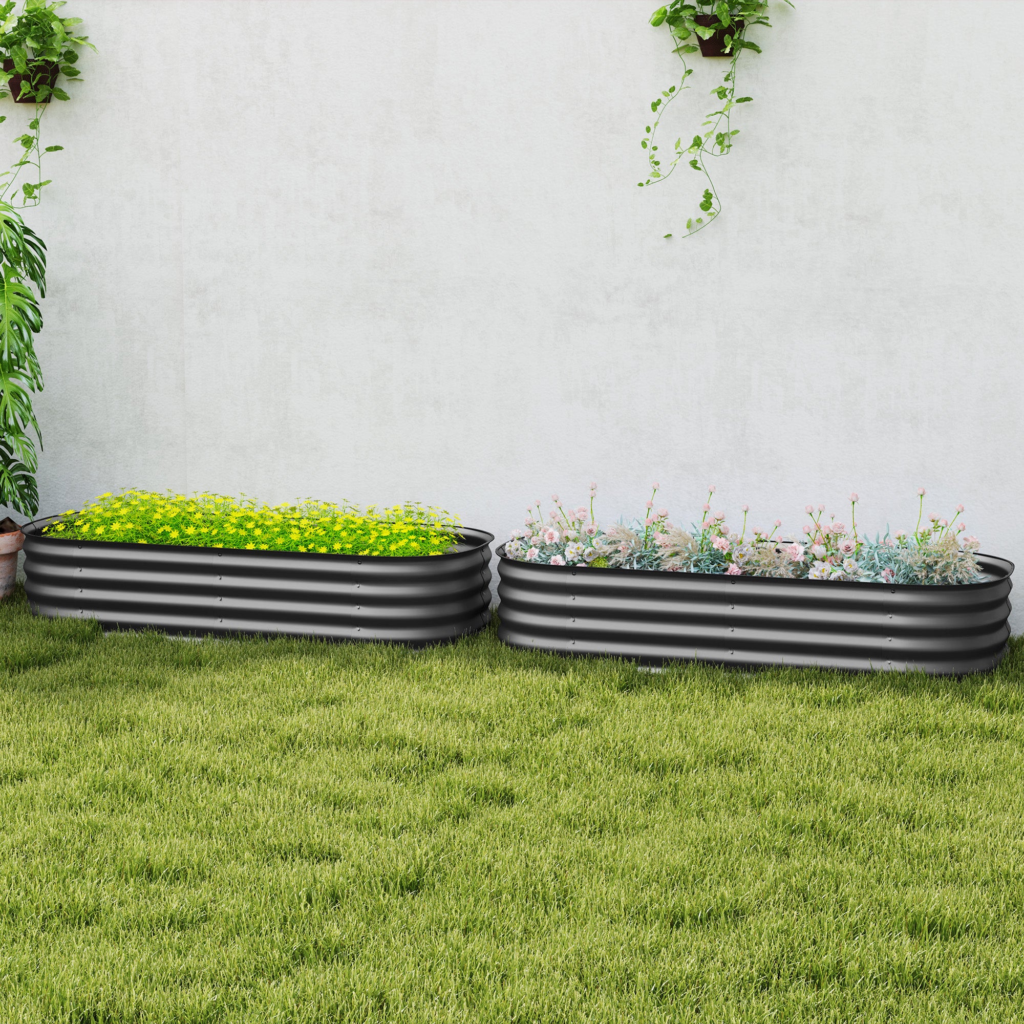 Galvanised Raised Garden Bed, Metal Planter Box with Safety Edging, for Flowers, Herbs, Succulents, Pack of 2, Dark Grey