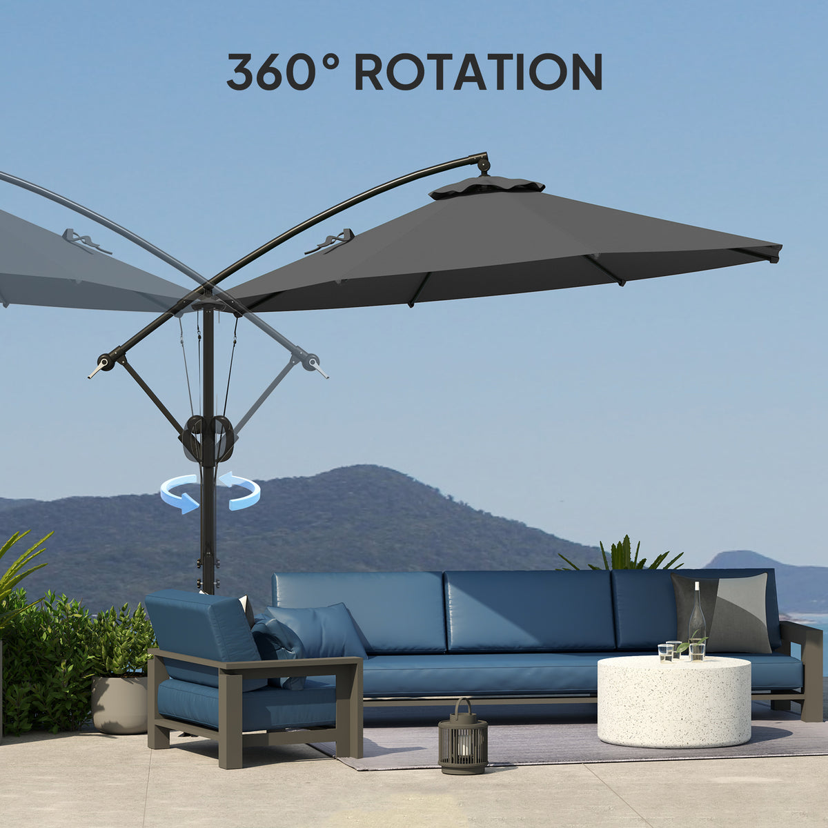 3m Garden Cantilever Parasol with Crank, Tilt, Cover & Wind Strap - Grey
