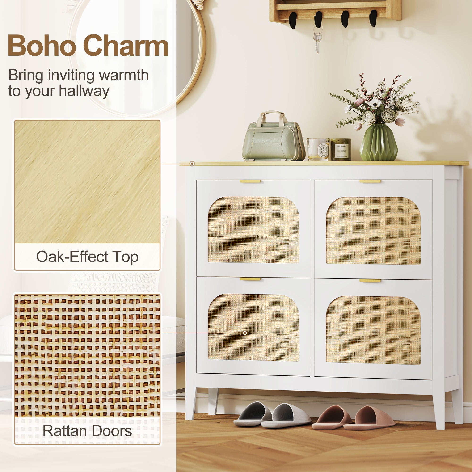 Narrow Shoe Cabinet, Boho Slim Shoe Storage Cabinet with 4 Flip Drawers, Holds 20 Pairs, White