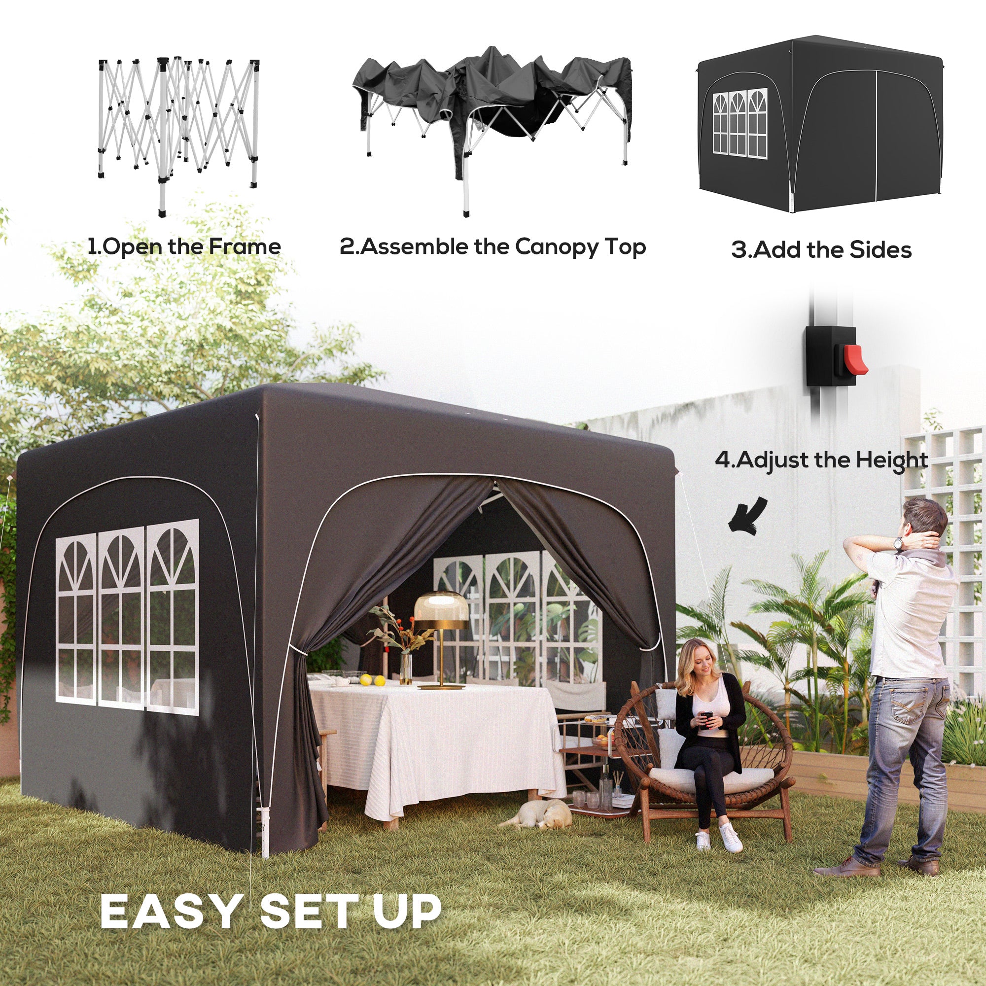 3x3m Pop-Up Gazebo Shelter with UPF50+ Canopy and Adjustable Height - Black