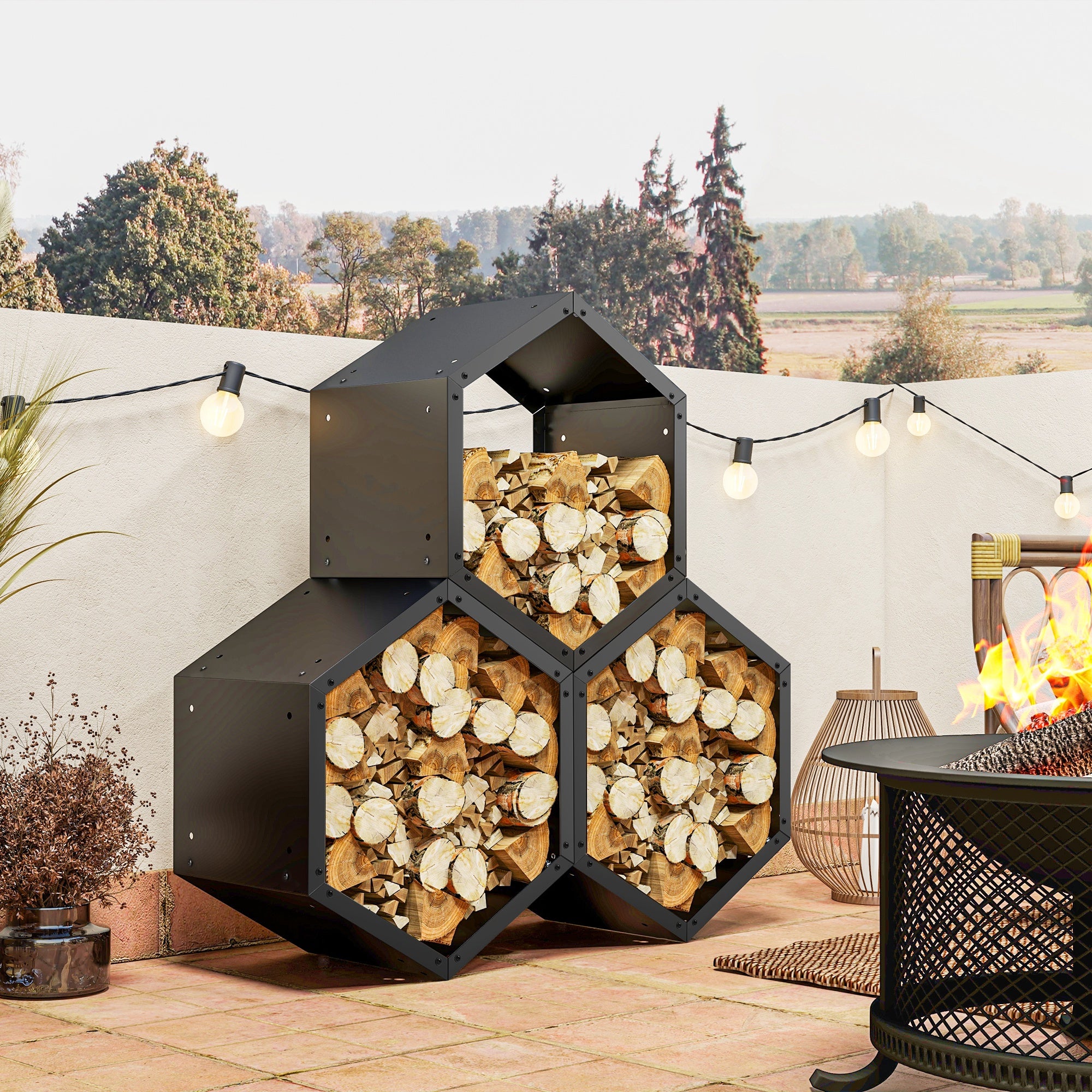 Fireplace Log Rack, Steel Firewood Log Holder, 3 Hexagon Boxes, Indoor Outdoor Wood Storage Shelf, 113 x 37 x 113cm, Black