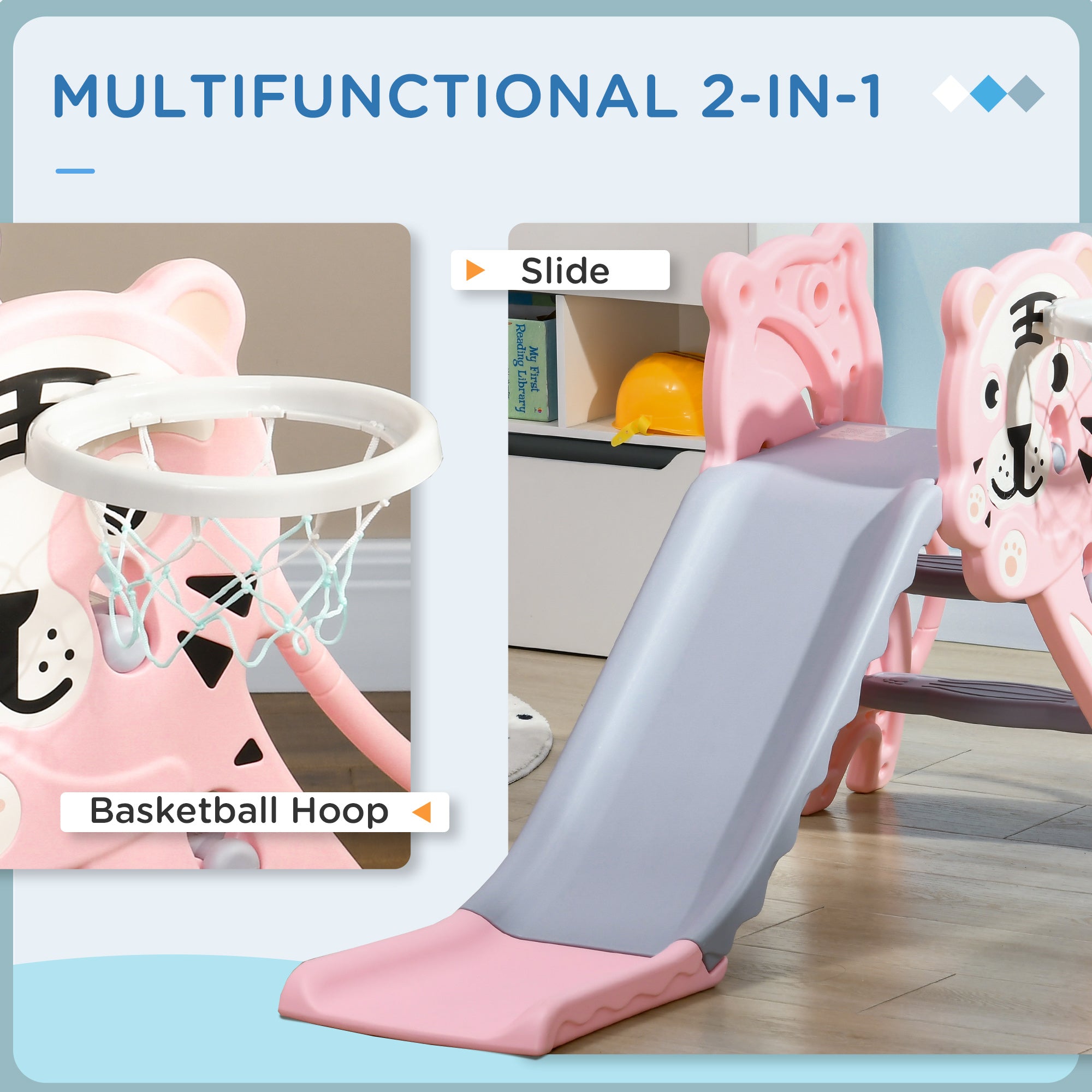 2 in 1 Baby Slide for Indoor Use with Basketball Hoop, Basketball, for Ages 18-36 Months - Pink