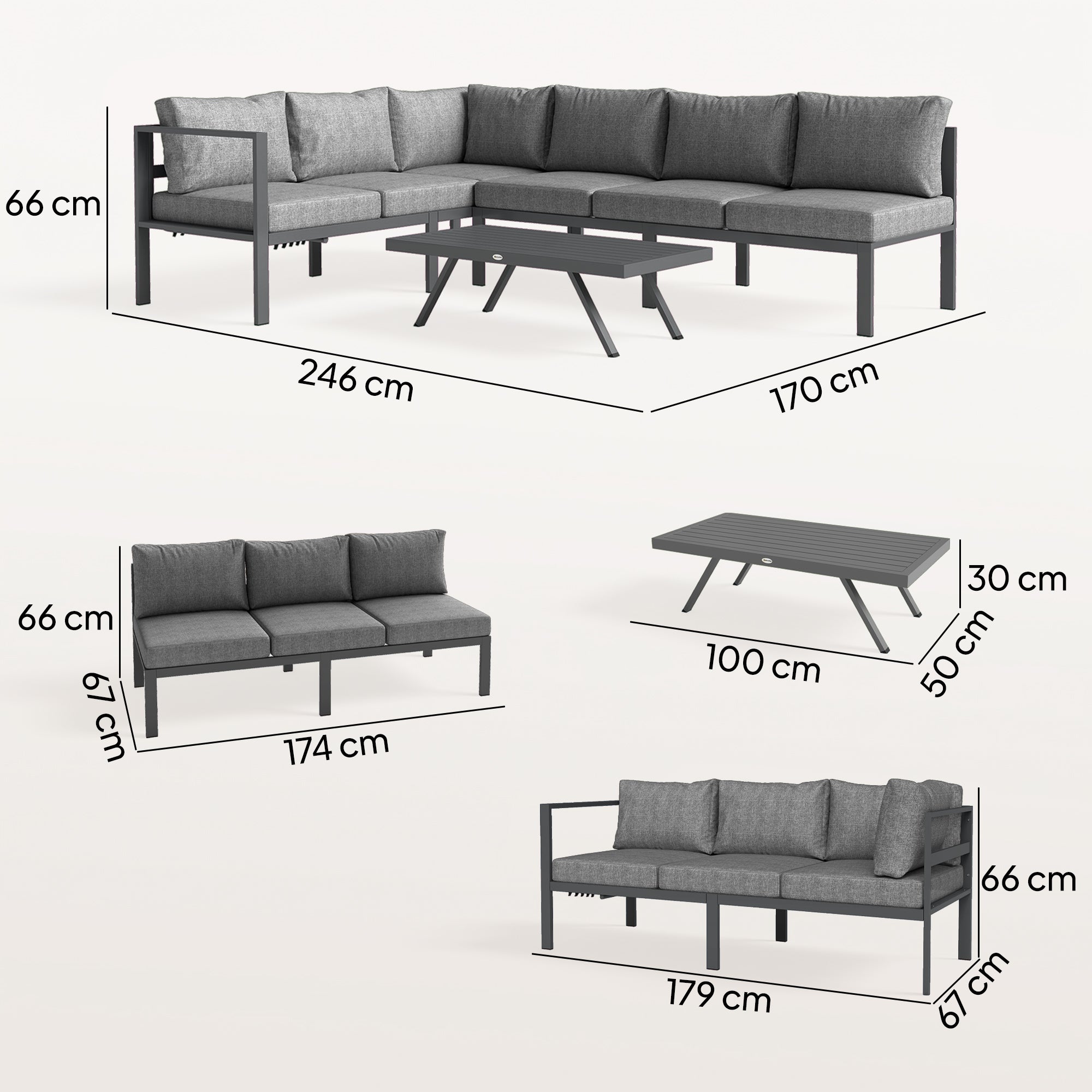 3 Pieces Garden Furniture Set, Aluminium Corner Lounge Set with Adjustable Backrest and Coffee Table