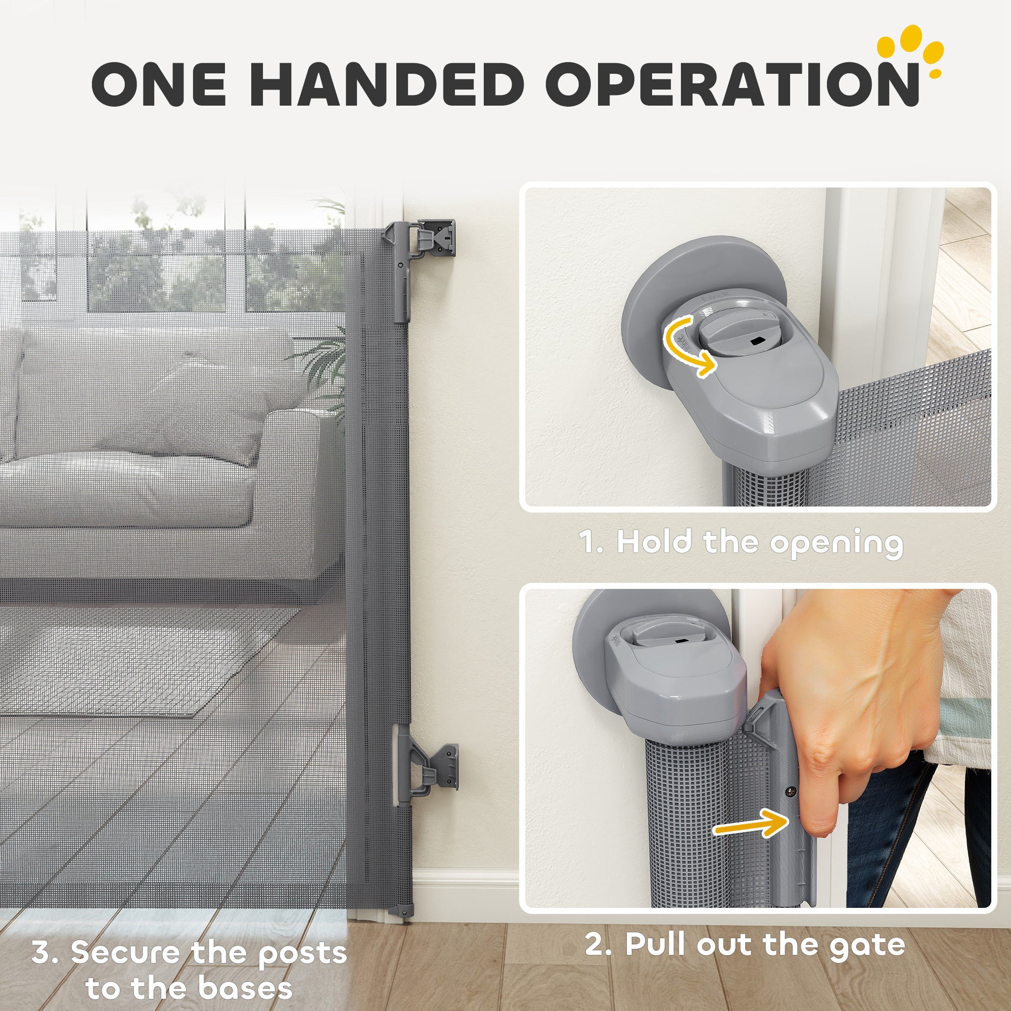 Retractable Dog Gate, Extends to 140 cm Wide & 93 cm Tall, Mesh Pet Gate with Single Hand Operation, for Stairs Doorways
