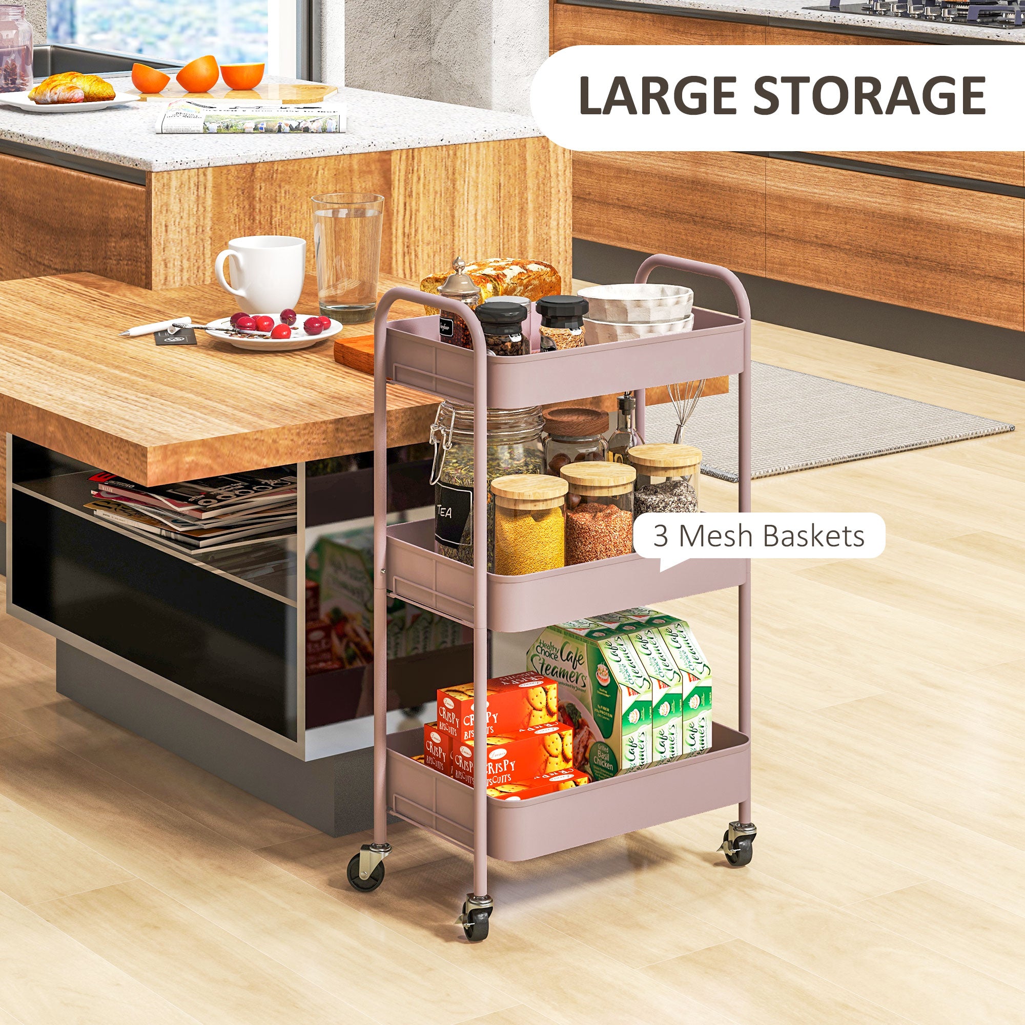 Three-Tier Steel Storage Trolley - Pink