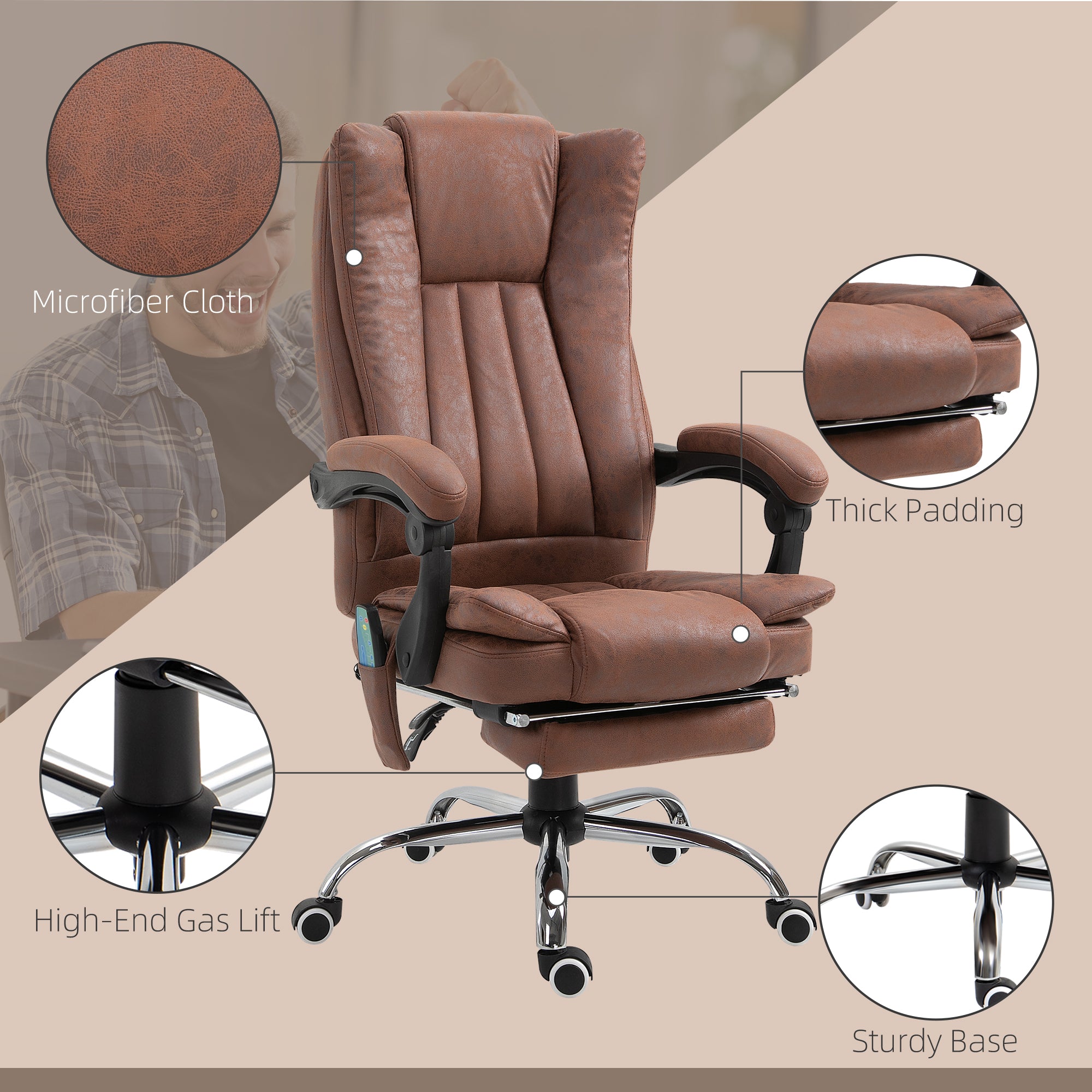 Office Chair with Massage and Heat, Microfibre Reclining Computer Desk Chair with Footrest and Adjustable Height, Swivel Wheels for Home Office, Brown