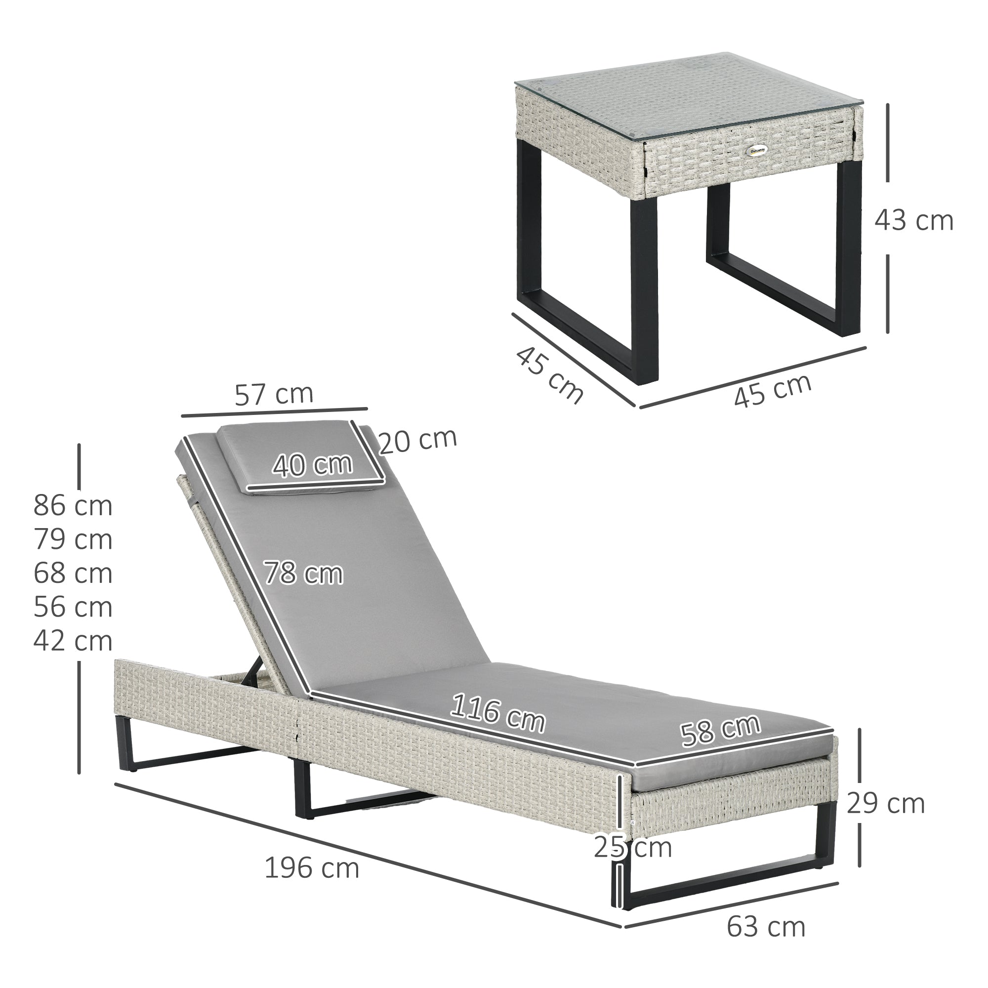 3-piece PE Rattan Sun Lounger Set with Adjustable 5-Position Recliner, Patio Chaise Lounge Chair Set with Cushions, Headrests, Glass Top Square Coffee Table, Light Grey