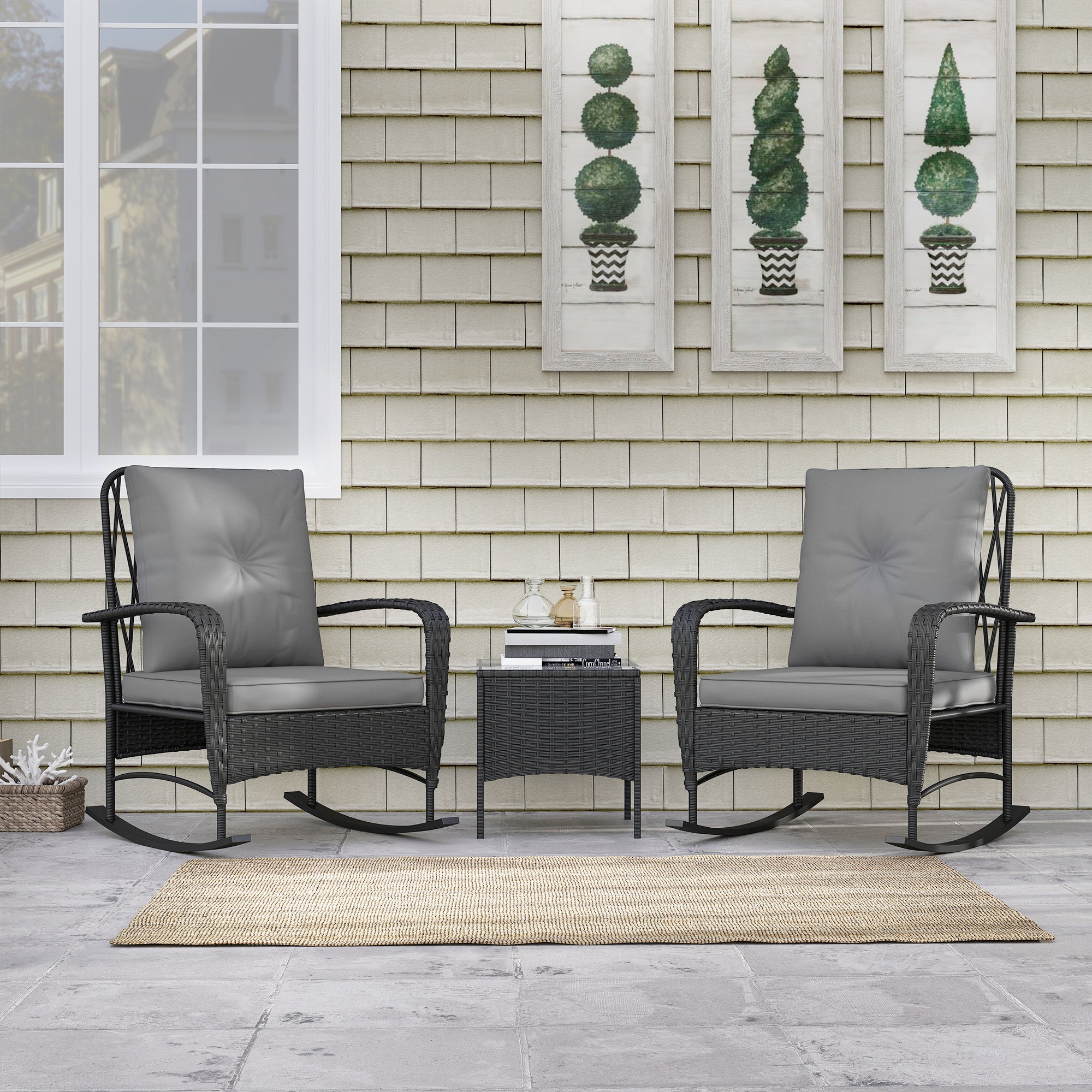 3 Piece Rocking Chair Rattan Bistro Set with Glass Table - Black