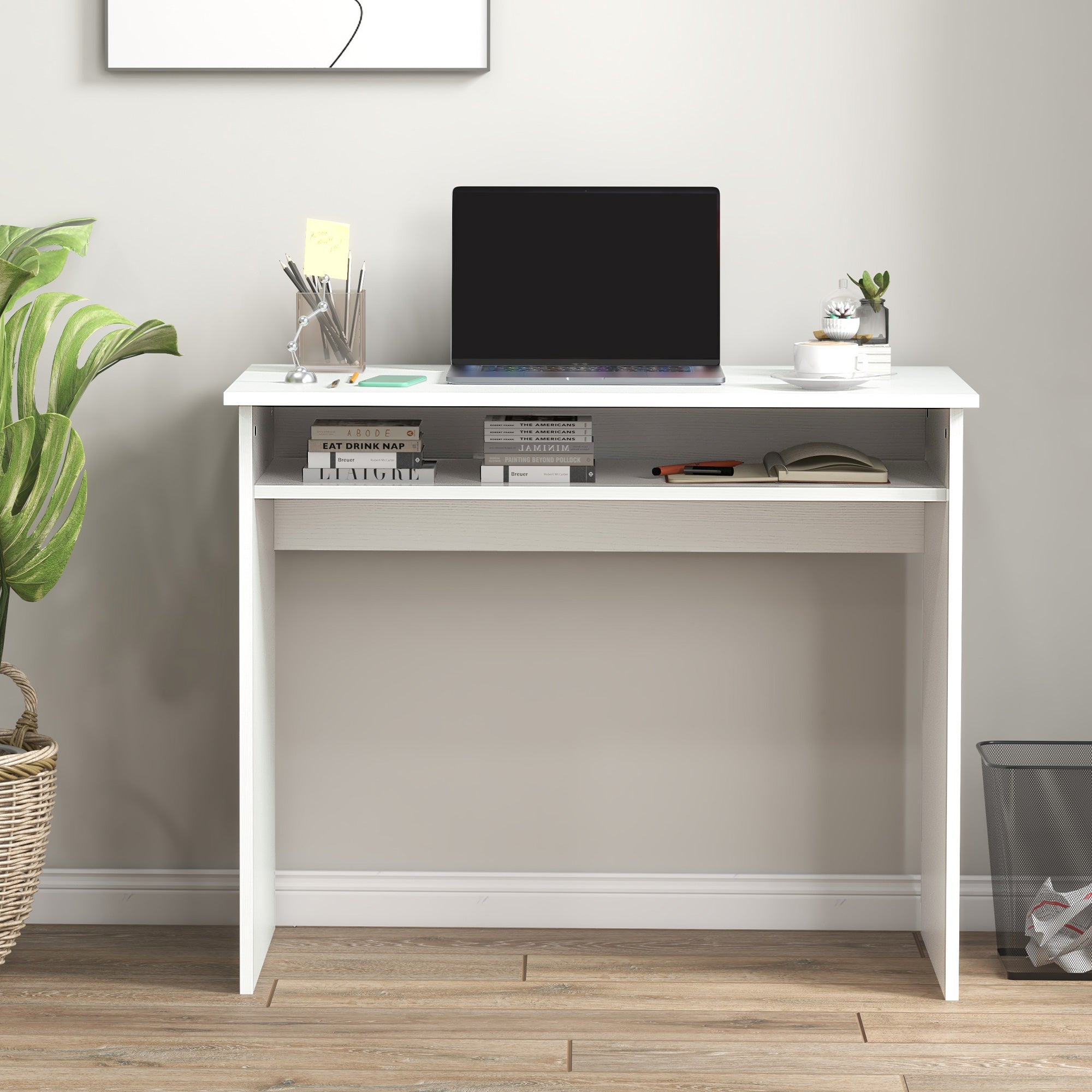 Home Office Furniture Set, Modern Computer Desk with Storage Shelf and Ergonomic Mesh Chair with Flip-Up Arms, Lumbar Support, Adjustable Height, Swivel Wheels, White and Grey