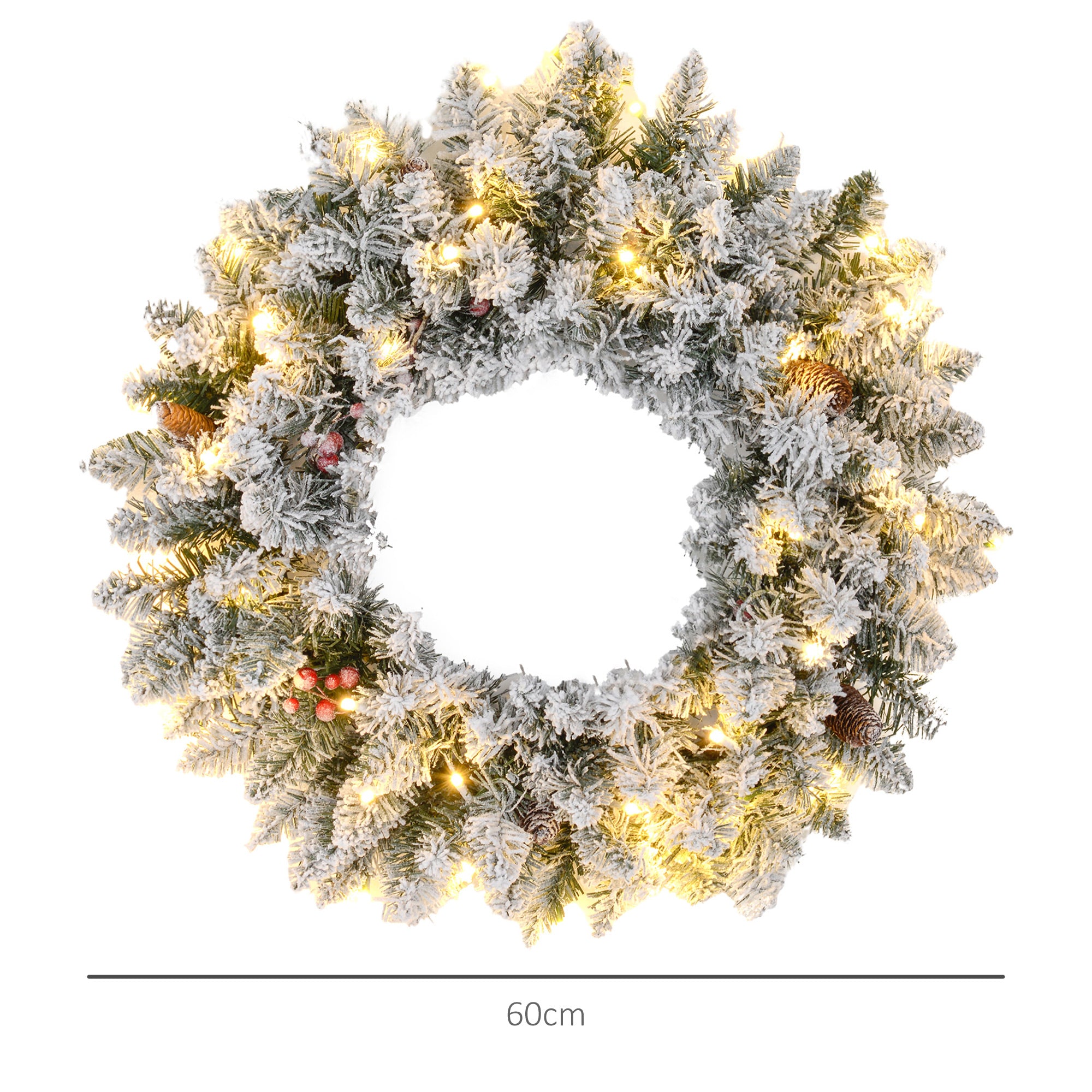 60" Snowy Pine Cone and Berry Christmas Wreath, with LED Lights