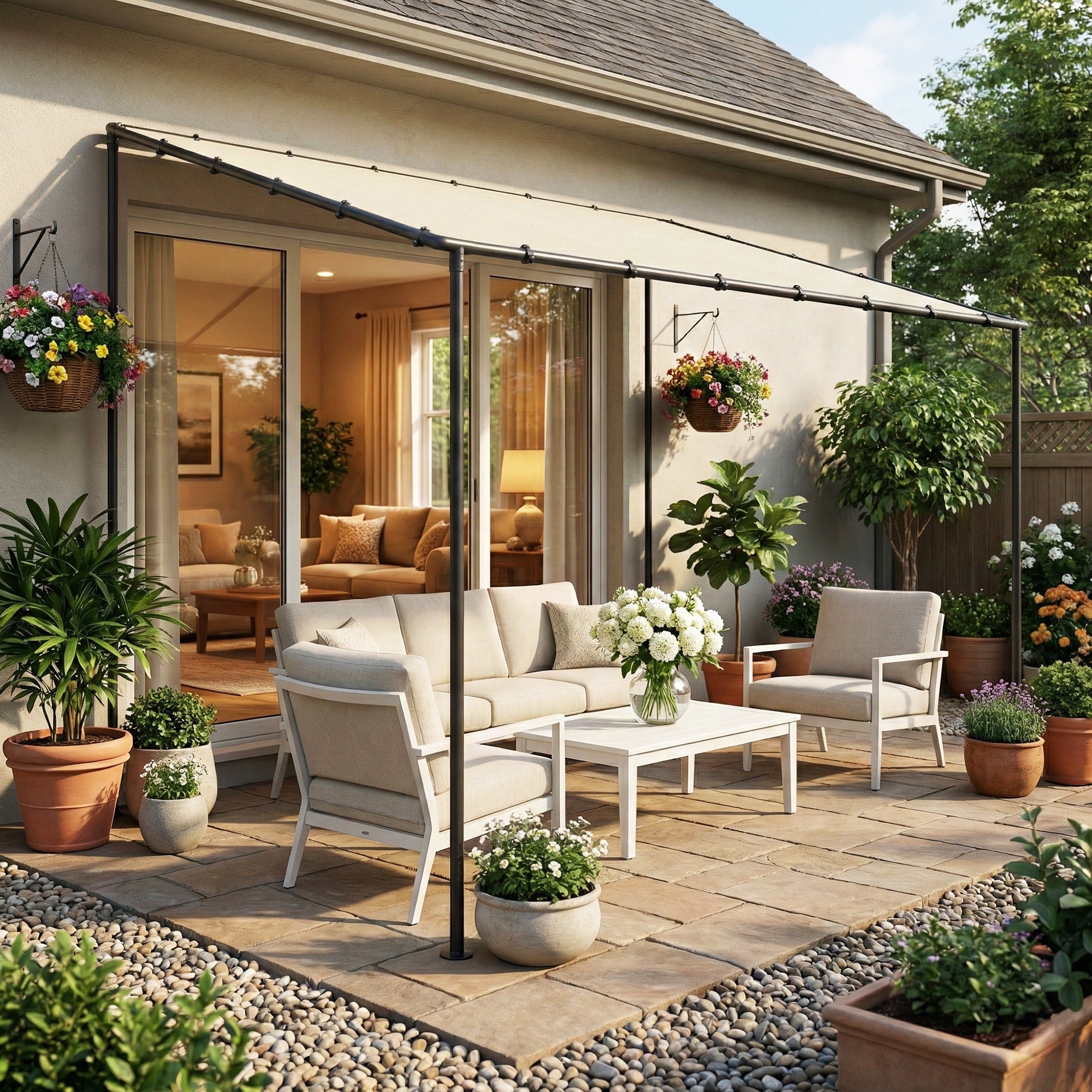 3 x 2 m Lean to Garden Pergola, Metal Frame Gazebo Pergola with UPF30+ Protection, Sloped Roof, Drainage Holes, Cream
