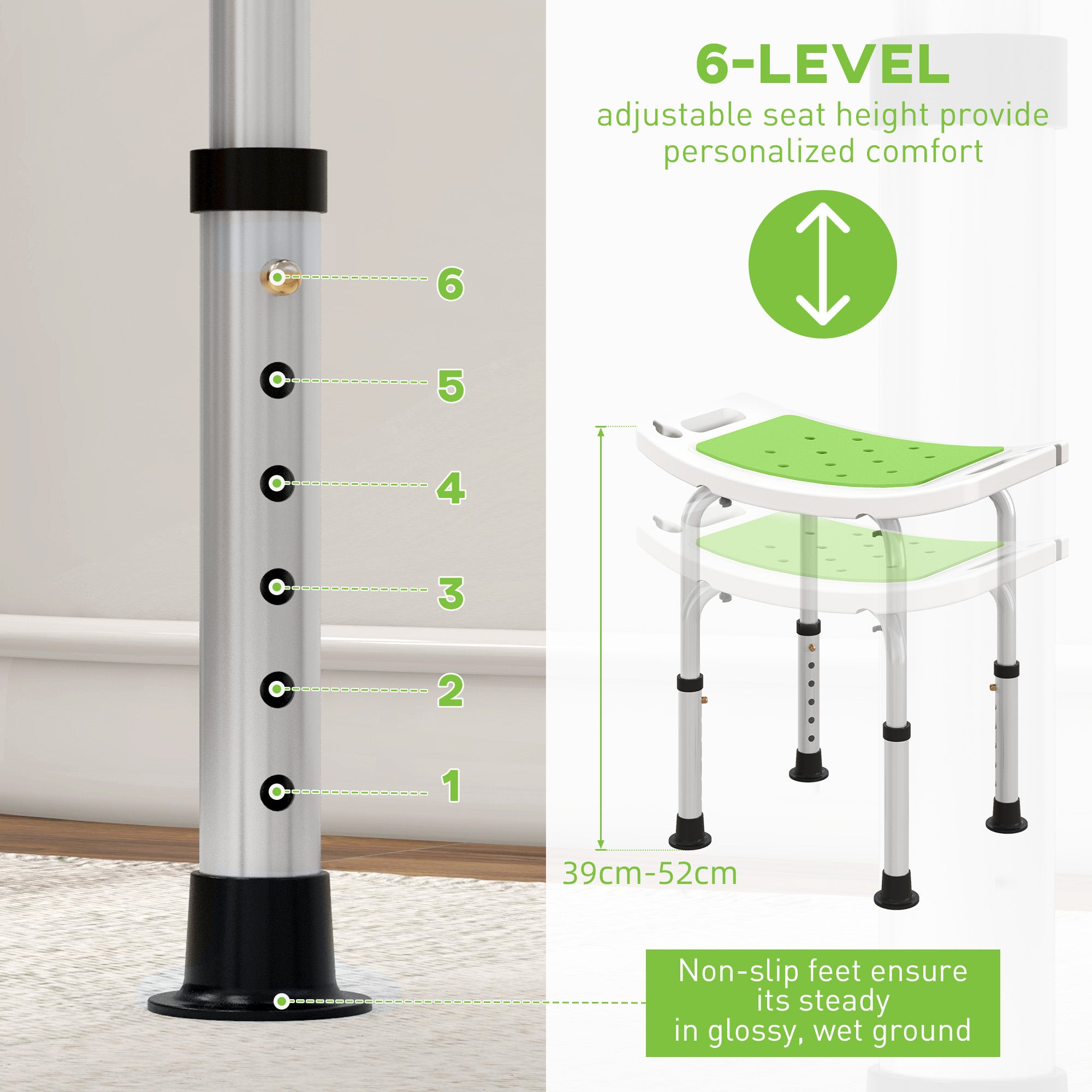 6-Level Height Adjustable Aluminium Bath Room Stool Chair Shower Non-Slip Design w/ Padded Seat Drainage Holes Foot Pad, Green