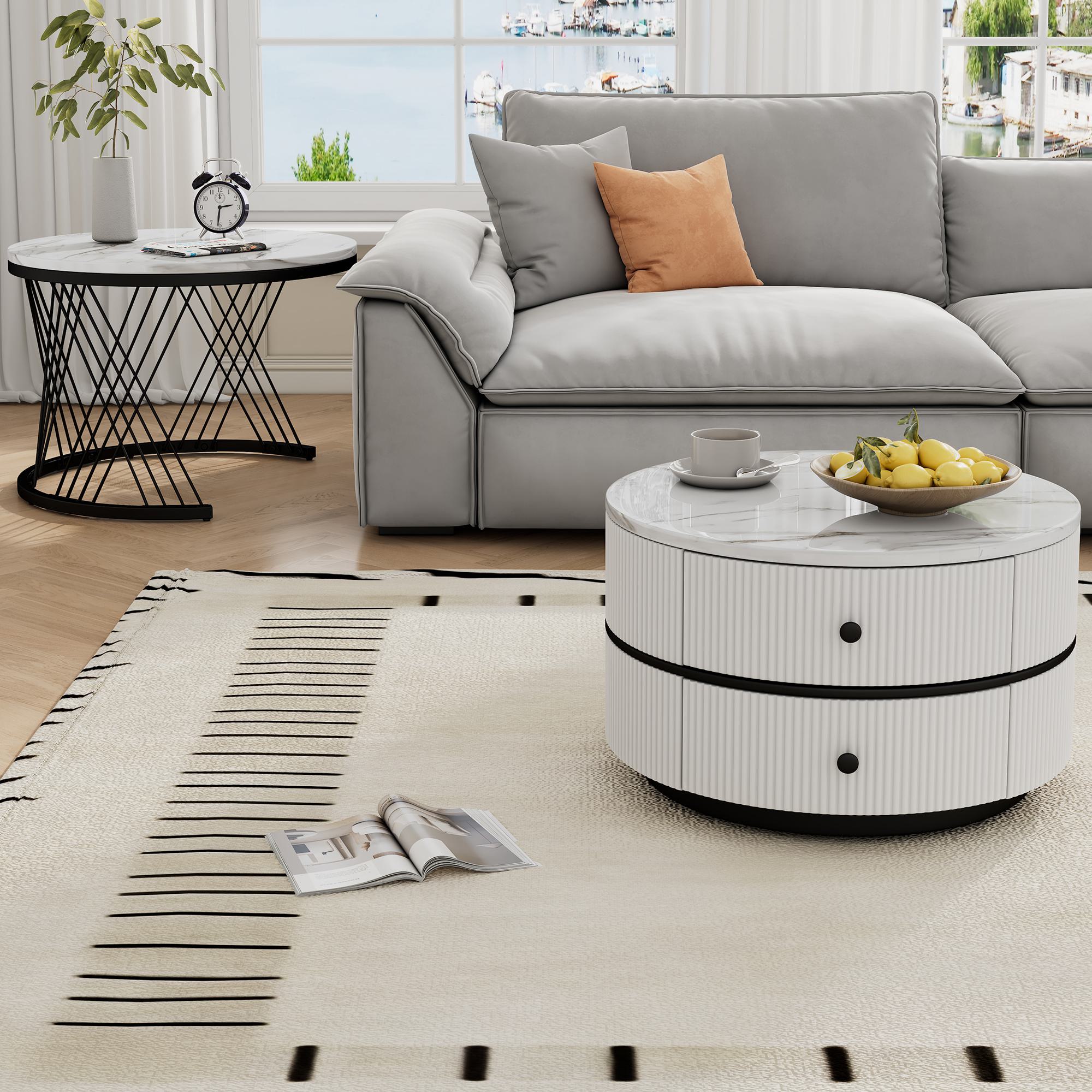 2 Piece High Gloss Round Nesting Coffee Table Set with Marble-Effect Top, Living Room Tables with Storage Drawers, White+Black