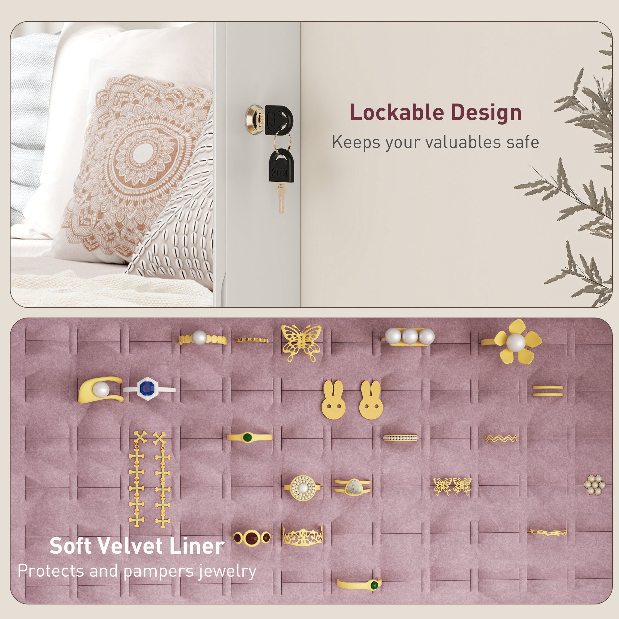 108 x 37cm Lockable Jewellery Cabinet, with LED Lights - White Surface and Pink Lining