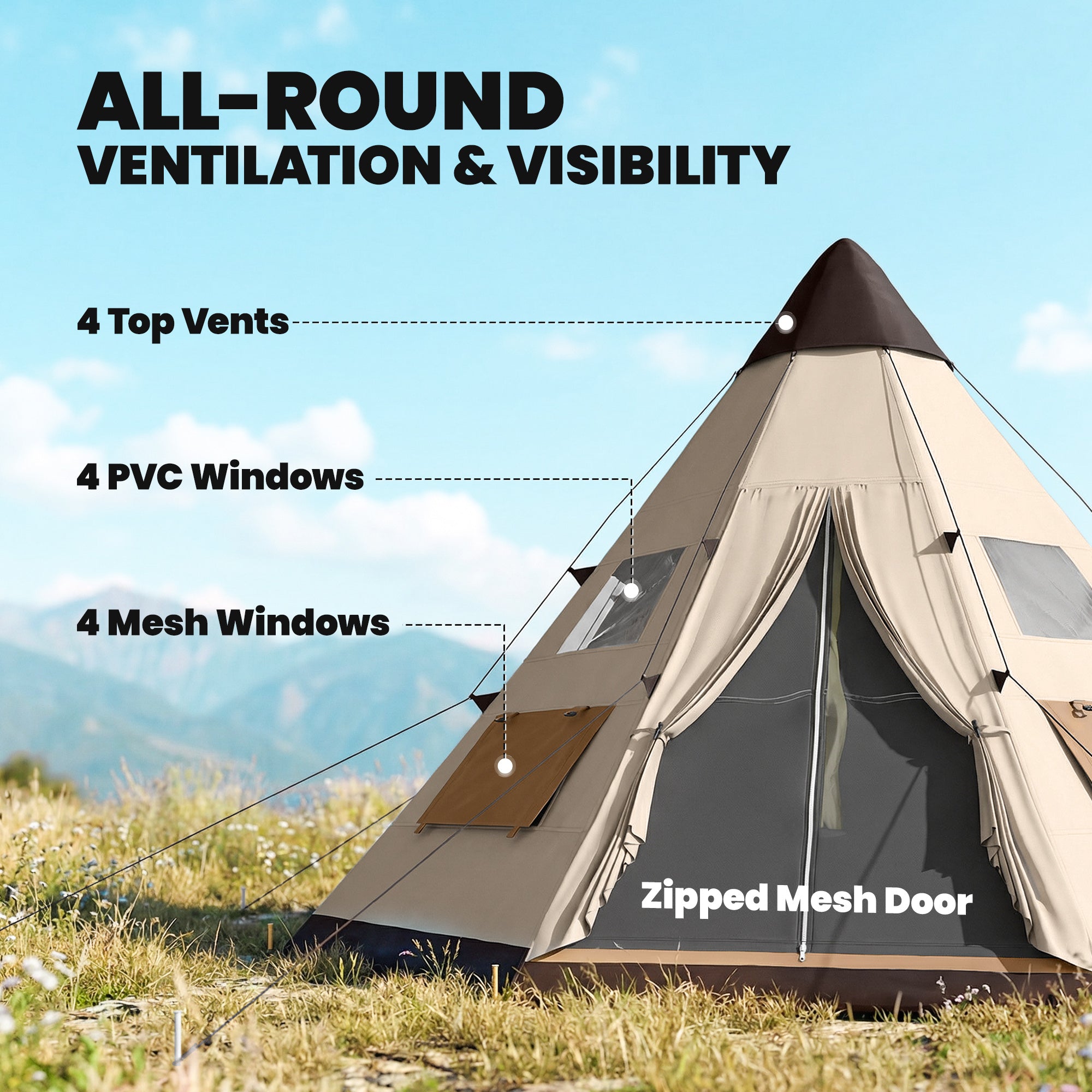 6 Men Tipi Tent with Carry Bag - Khaki