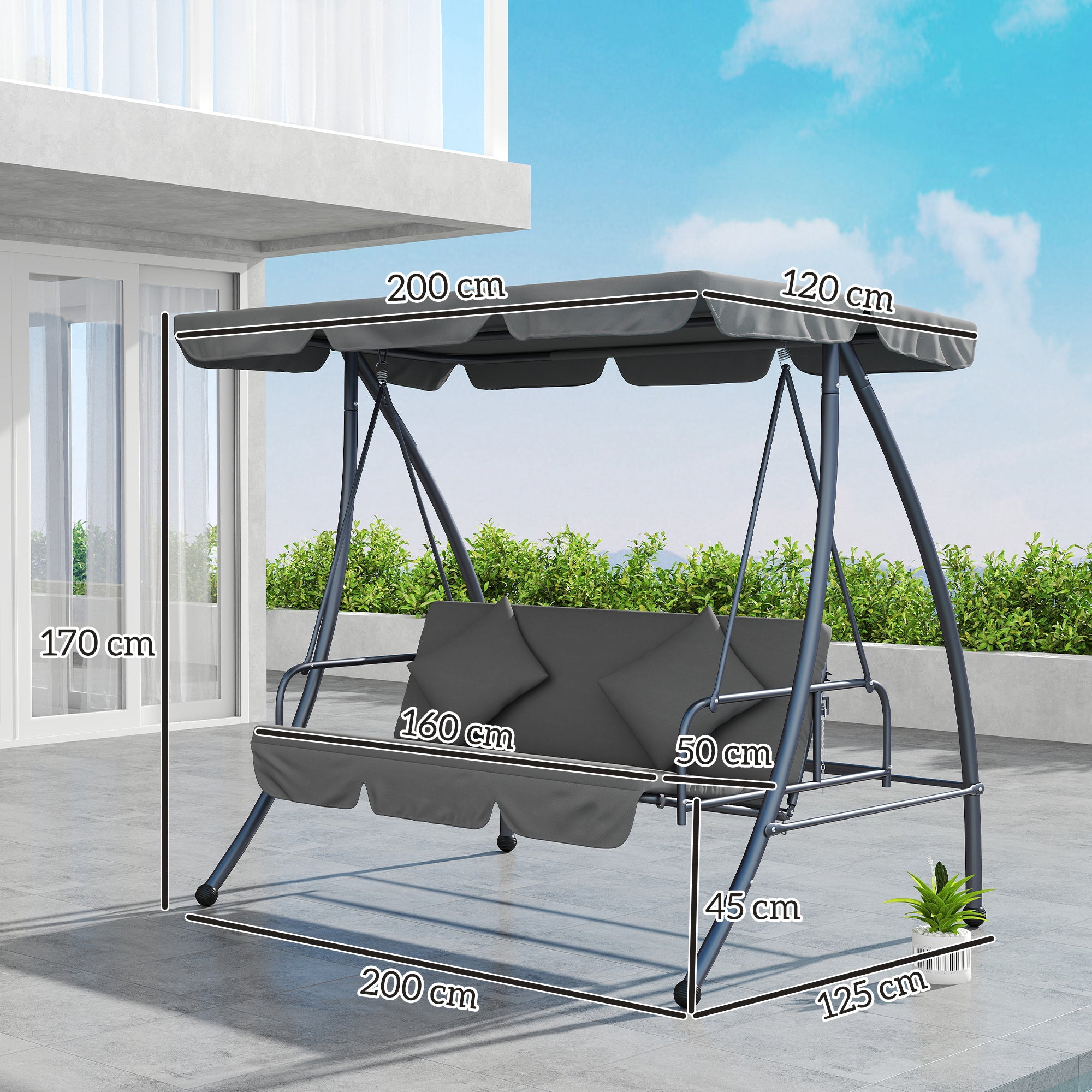 Outdoor 2-in-1 3-Seater Swing Chair Lounger with Convertible Bed and Canopy - Light Grey